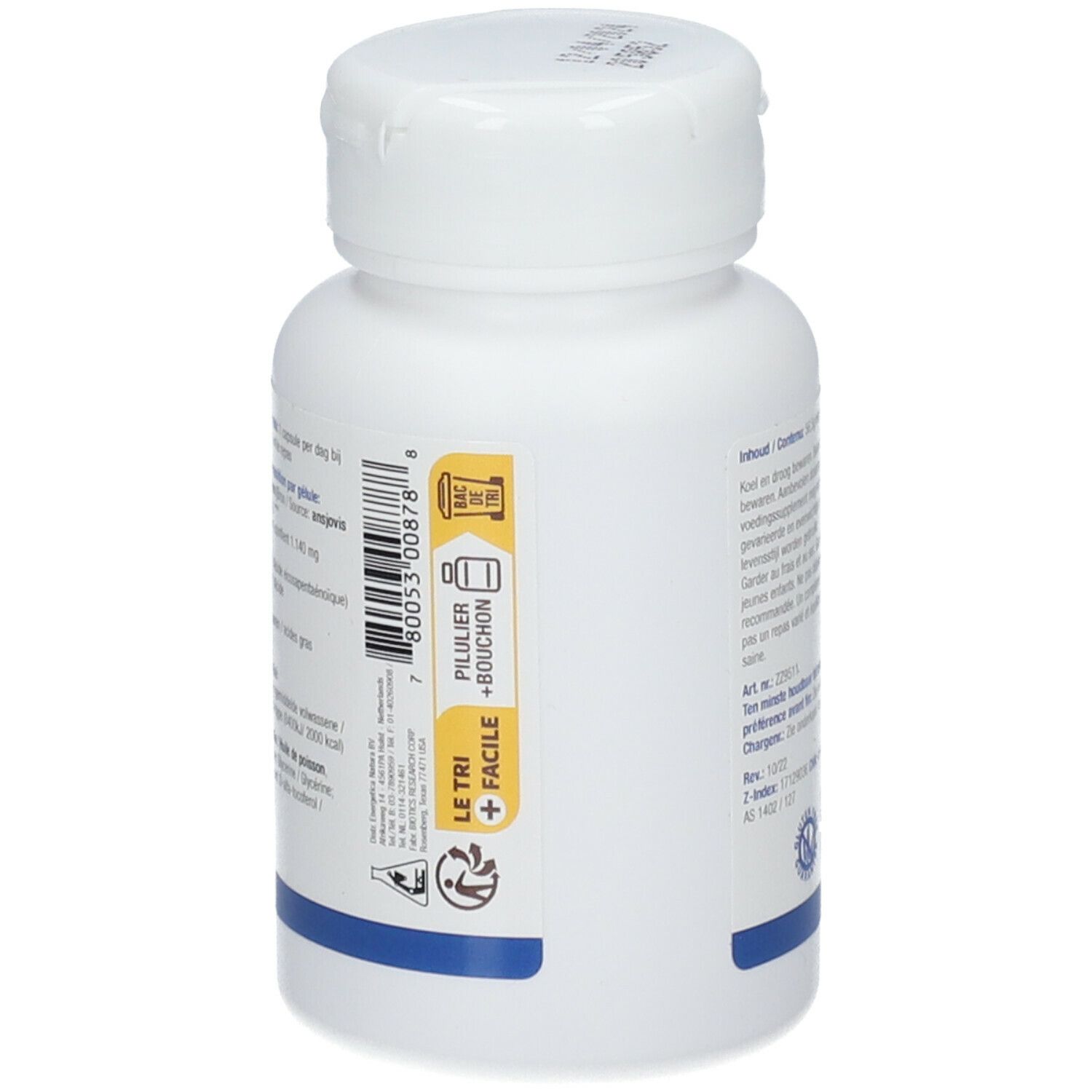 Achterkant van een witte fles met capsules. Sticker: Le Tri + Facile, Pillulier + Bouchon. Barcode.