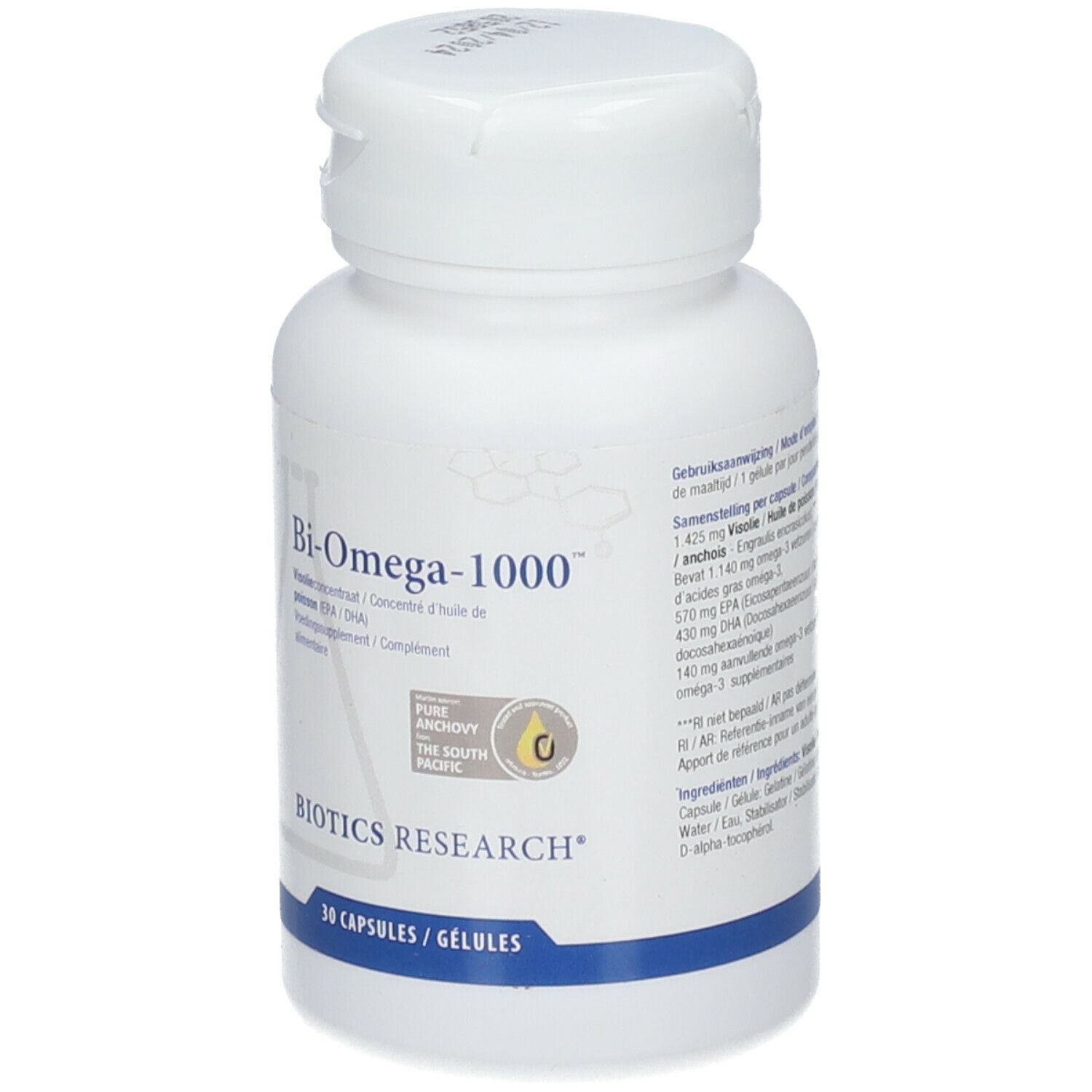 Witte fles met capsules. Opschrift: Bi-Omega-1000, Biotics Research. 30 capsules/gelules. Label: Pure Anchovy, The South Pacific.
