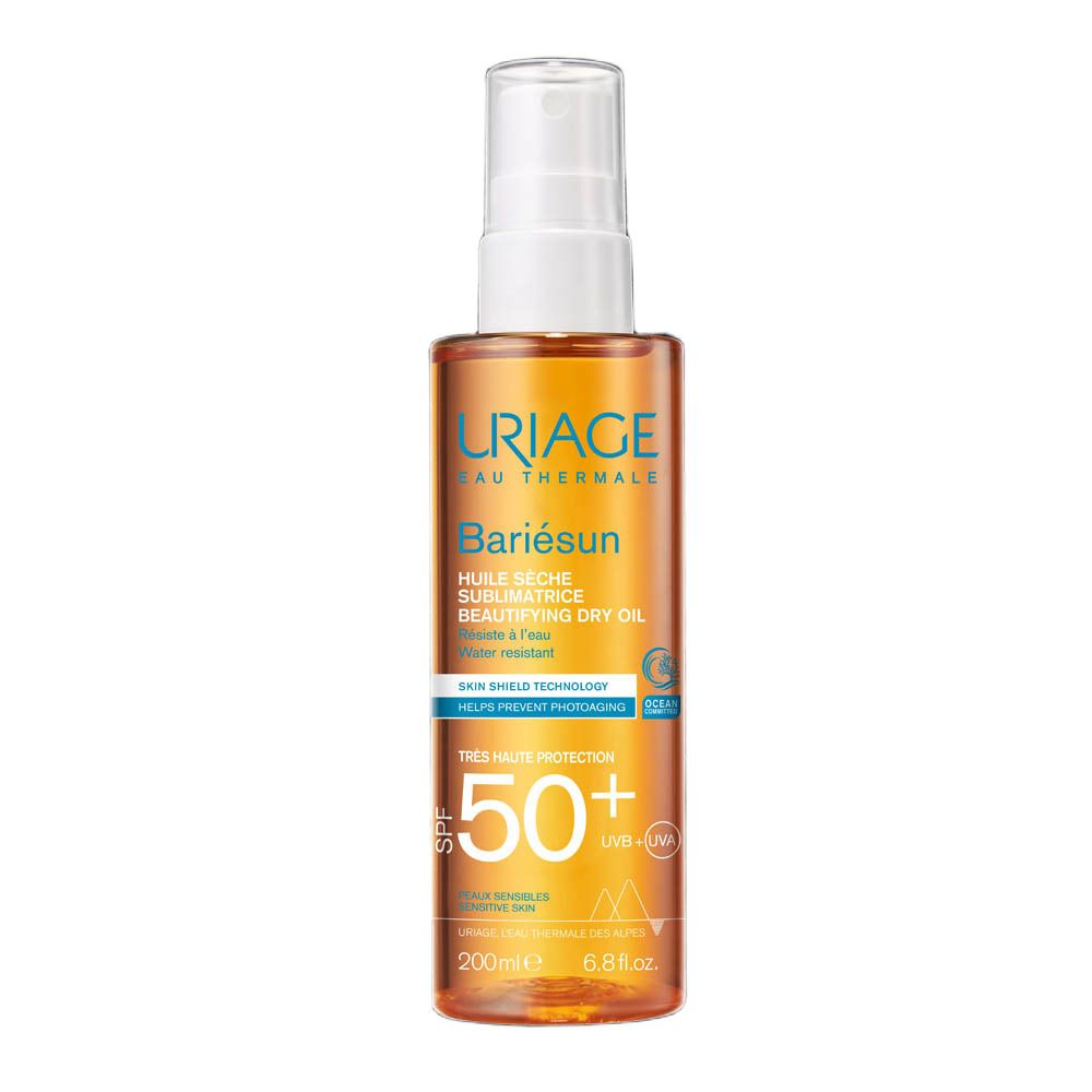 Uriage Bariésun Huile Sèche SPF50+ fles. Spraykop. Oranje vloeistof. SPF 50+ en UVA/UVB bescherming.