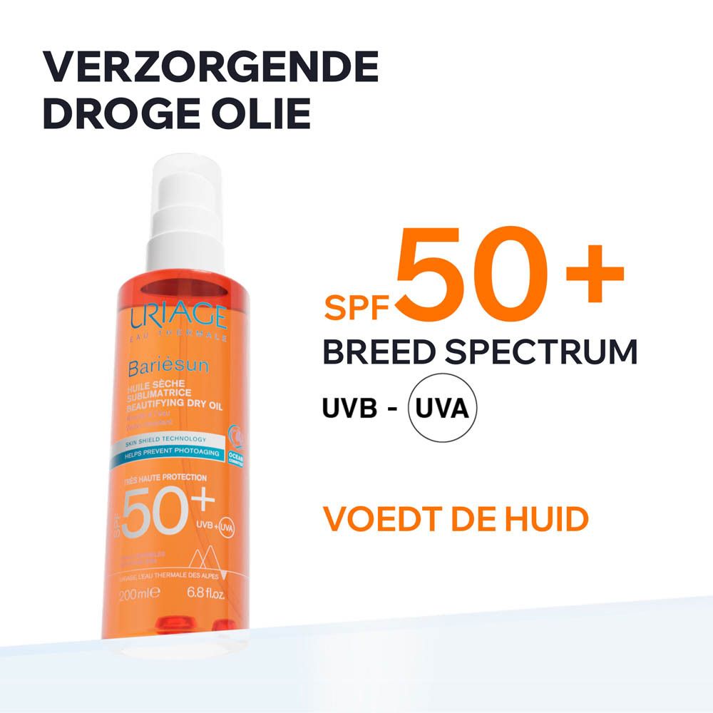 Uriage Bariésun Huile Sèche SPF50+ fles. Spraykop. Oranje vloeistof. SPF 50+ en UVA/UVB bescherming.