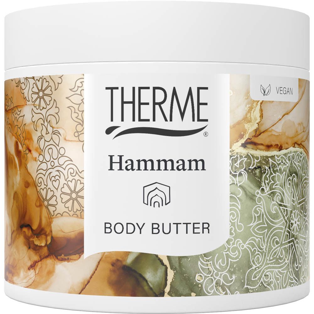 Witte pot met THERME Hammam BODY BUTTER. Etiket met productnaam en bloemmotief. Veganistisch logo.