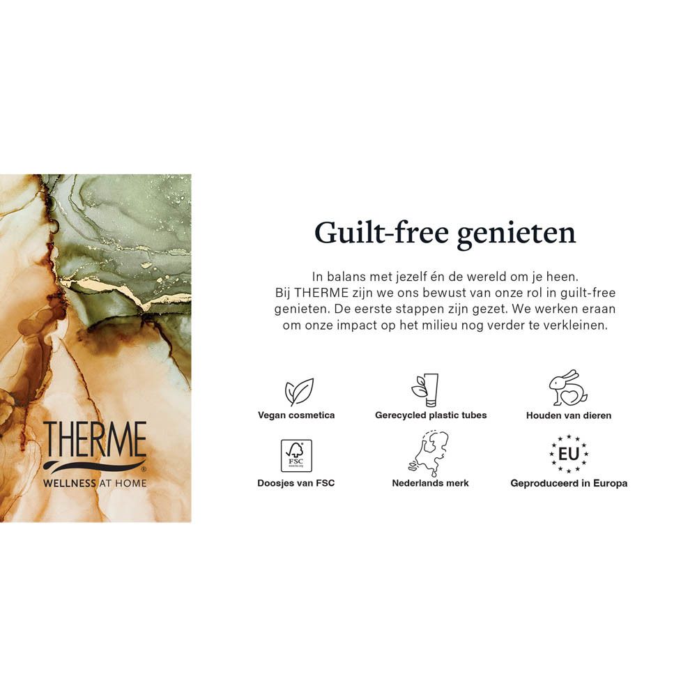 Tekst op witte achtergrond. THERME-logo. Informatie over duurzame praktijken.