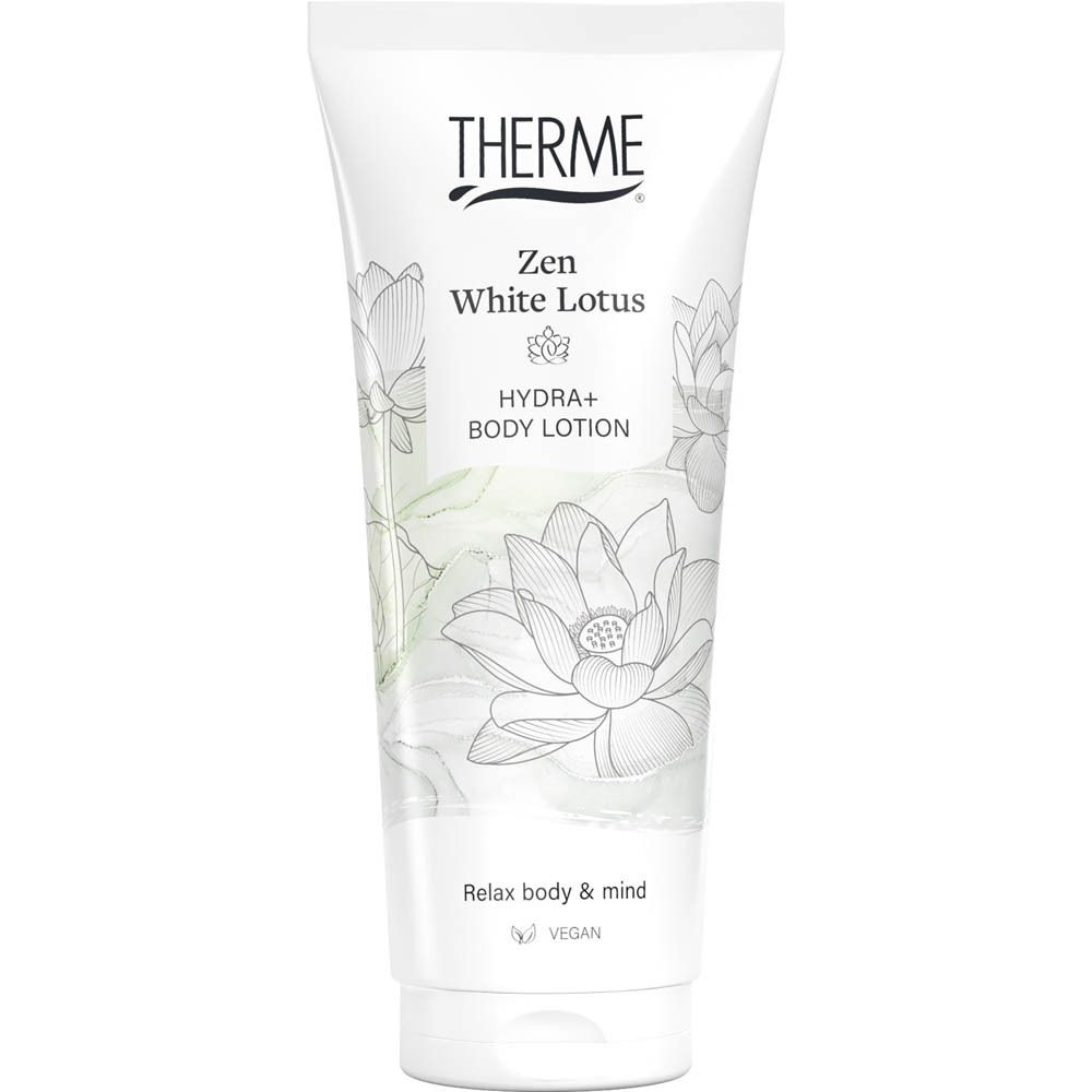 Witte fles THERME Zen White Lotus Hydra+ Body Lotion met lotusbloem design.