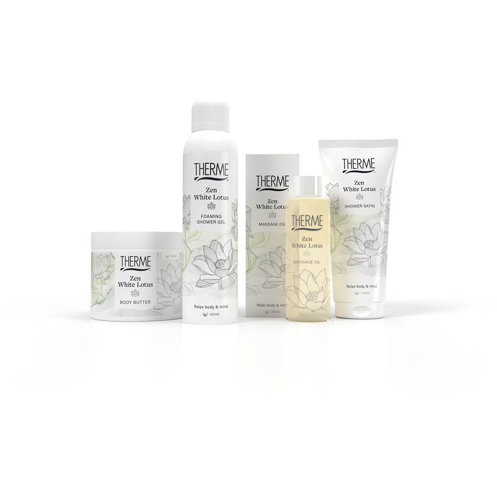 Bouteille blanche THERME Zen White Lotus Hydra+ Body Lotion avec motif fleur de lotus.