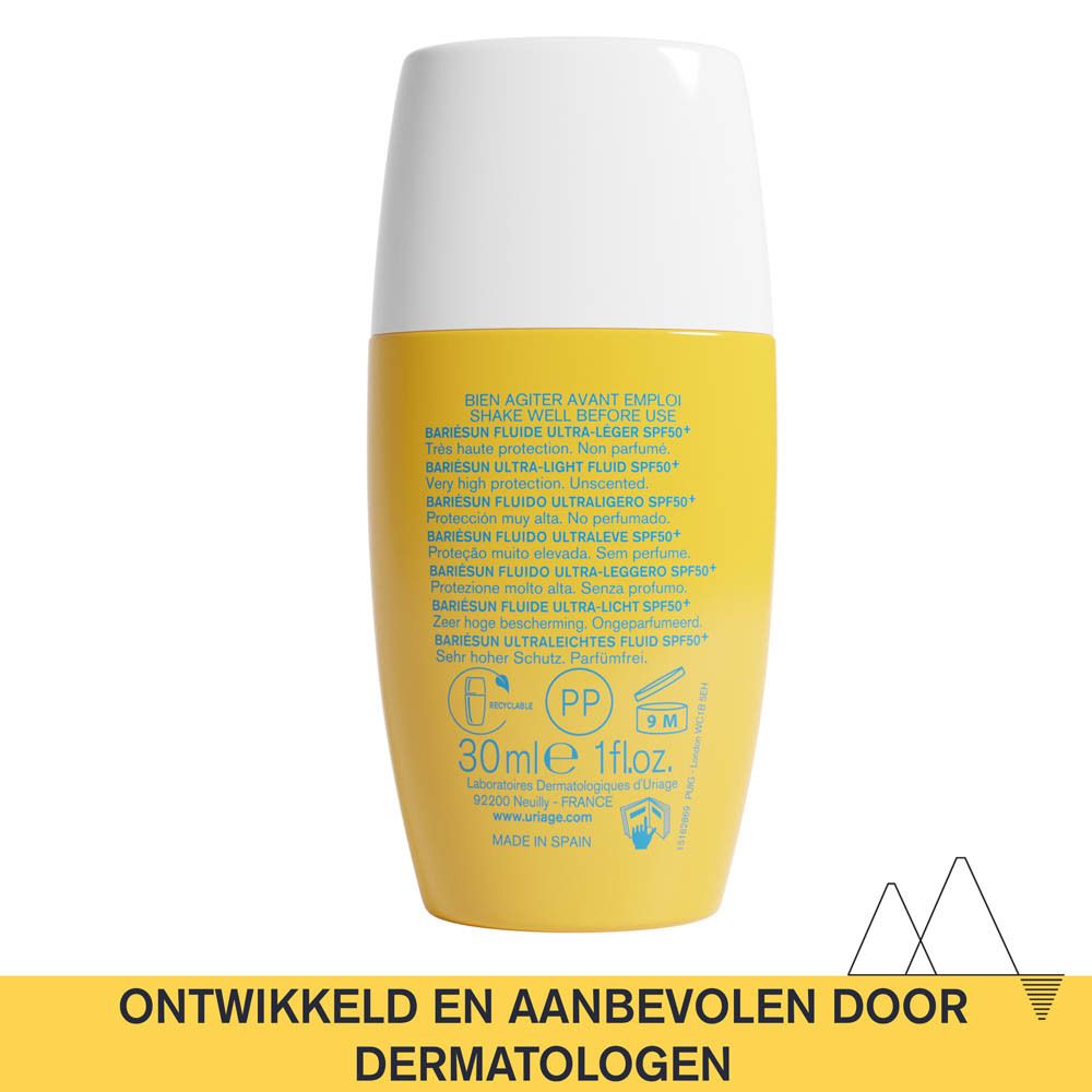 Achterkant van gele fles. Tekst.