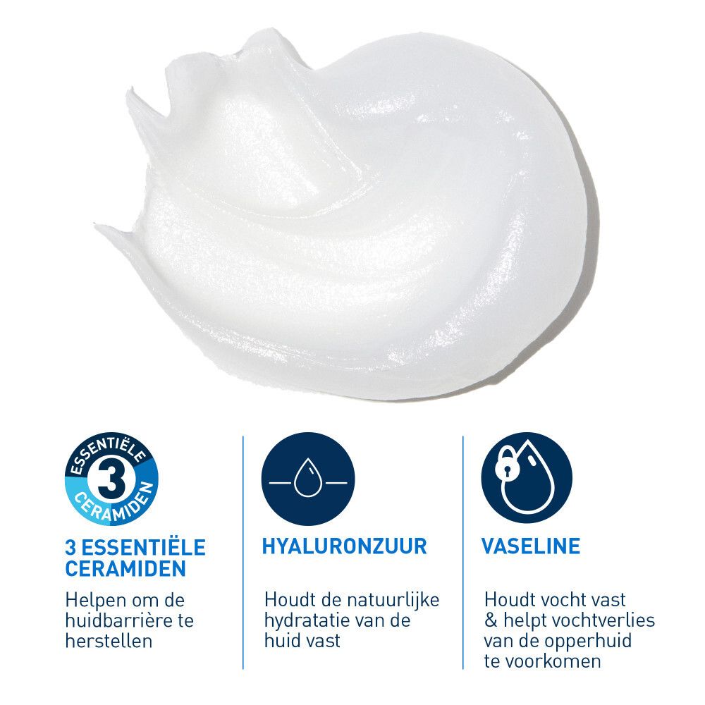 Crèmetextuur met 3 essentiële ceramiden, hyaluronzuur en vaseline.