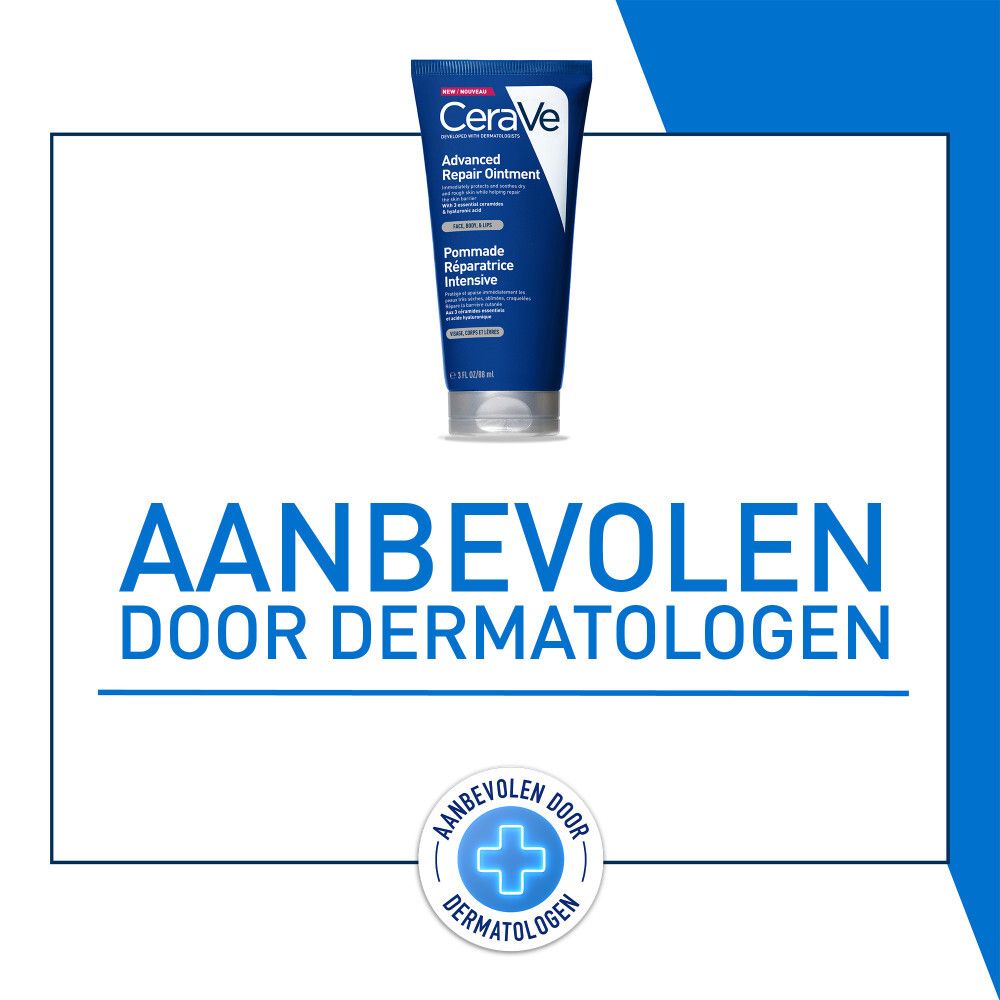 CeraVe Advanced Repair Ointment op witte achtergrond. Aanbevolen door dermatologen.