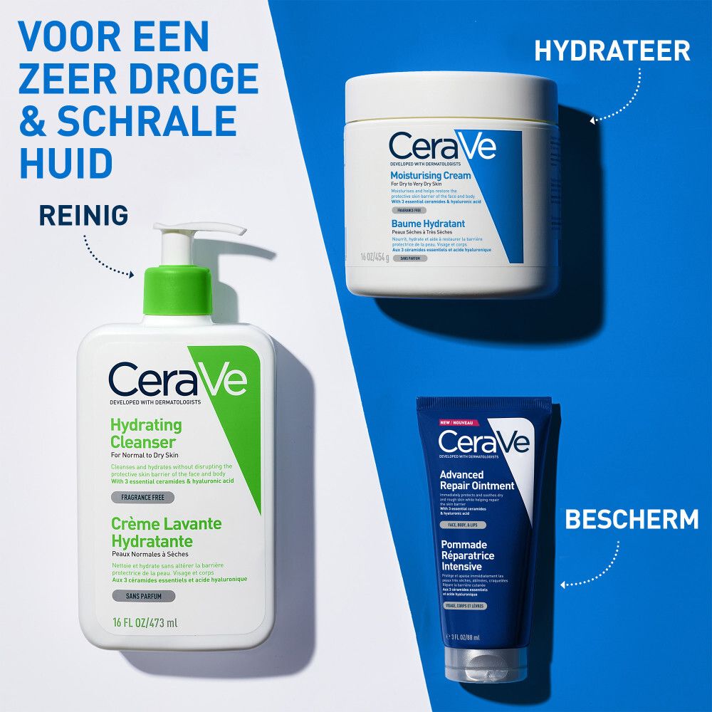 CeraVe-producten: Hydraterende reiniger, hydraterende crème, Advanced Repair Ointment.