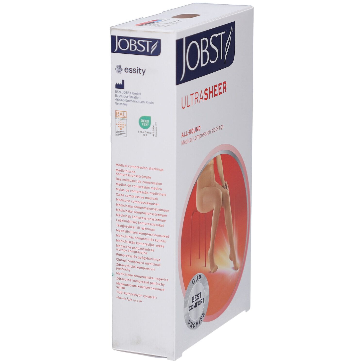 Emballage de JOBST UltraSheer. Inscriptions: JOBST, UltraSheer, All-Round, bas de compression médicale. Texte multilingue.
