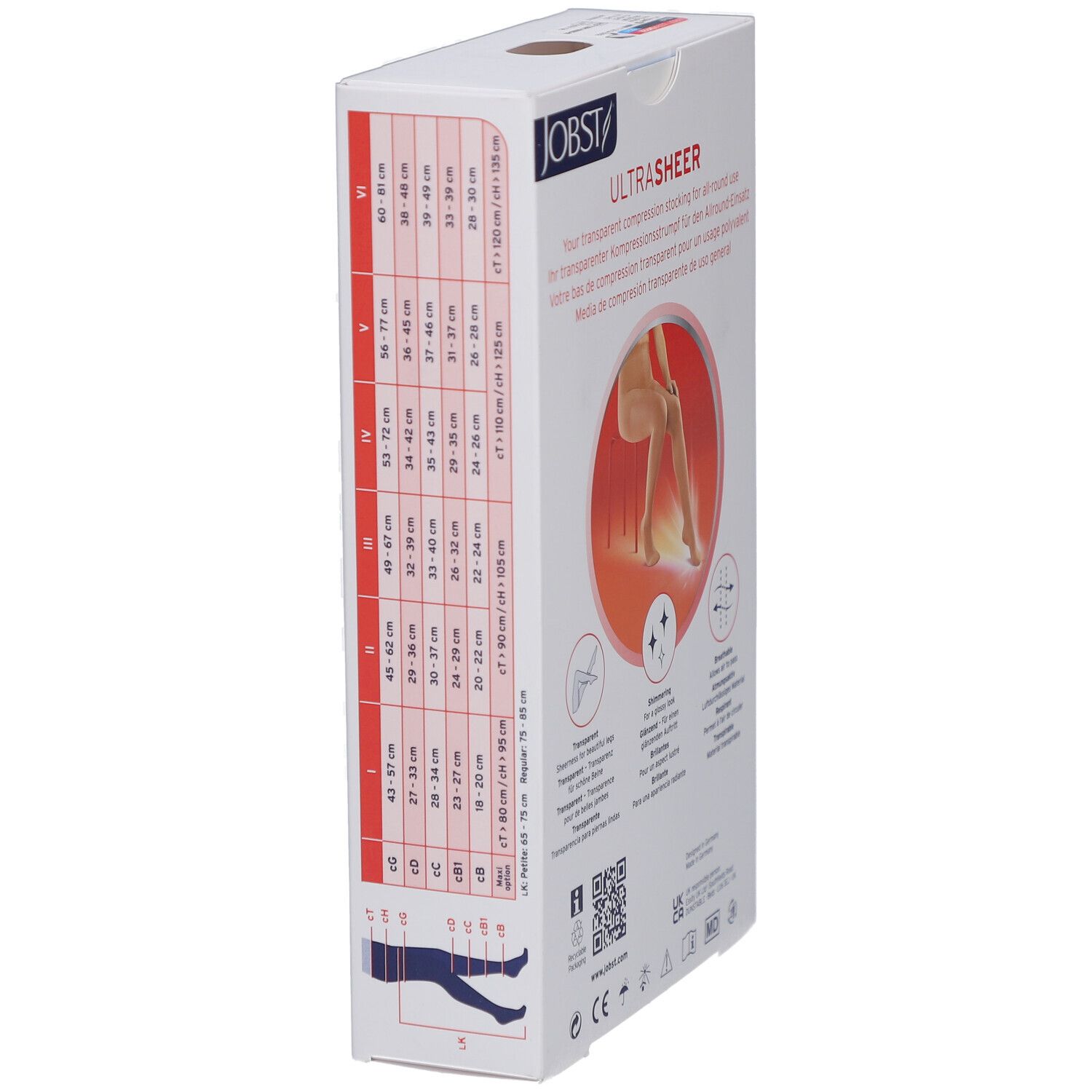 Côté de l'emballage JOBST UltraSheer. Tableau des tailles. Illustration d'un collant. Inscriptions: JOBST, UltraSheer.