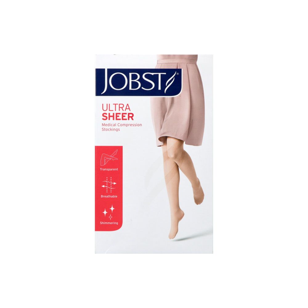 Verpakking JOBST UltraSheer: Transparante, ademende, glinsterende medische compressiekousen.