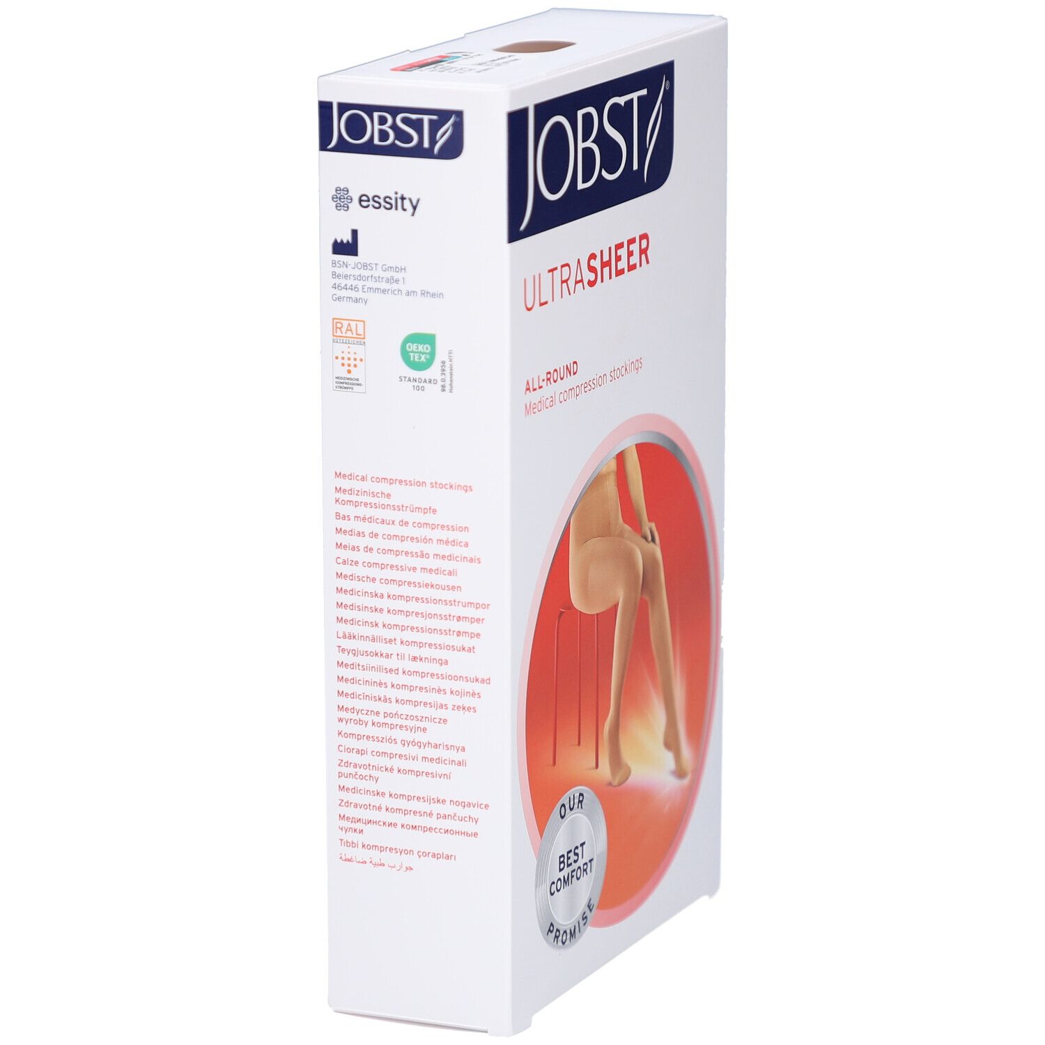 Emballage JOBST UltraSheer. Inscription : JOBST, UltraSheer, All-Round, bas de compression médicale. Vue latérale.