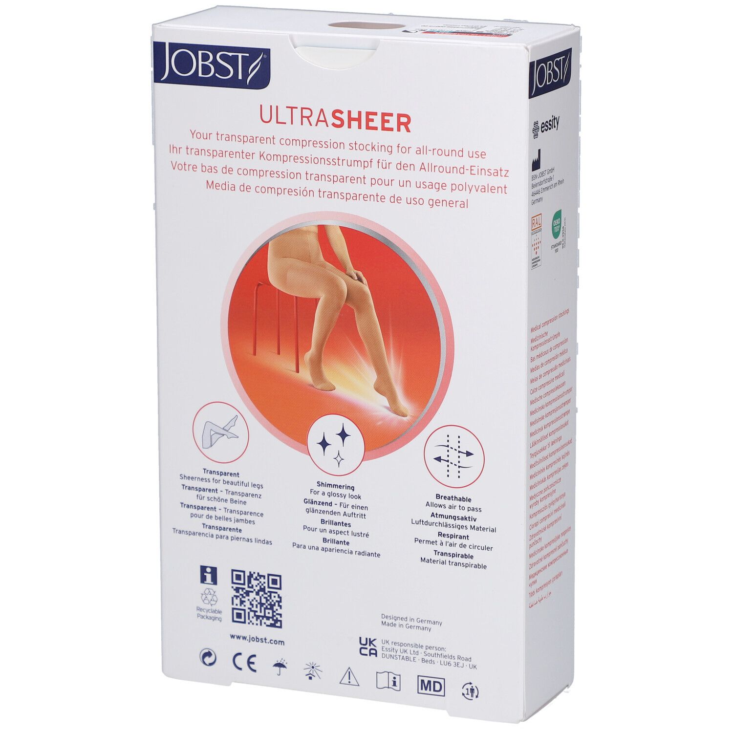 Dos de l'emballage JOBST UltraSheer. Texte et pictogrammes. Certifications : CE, UKCA, MD.