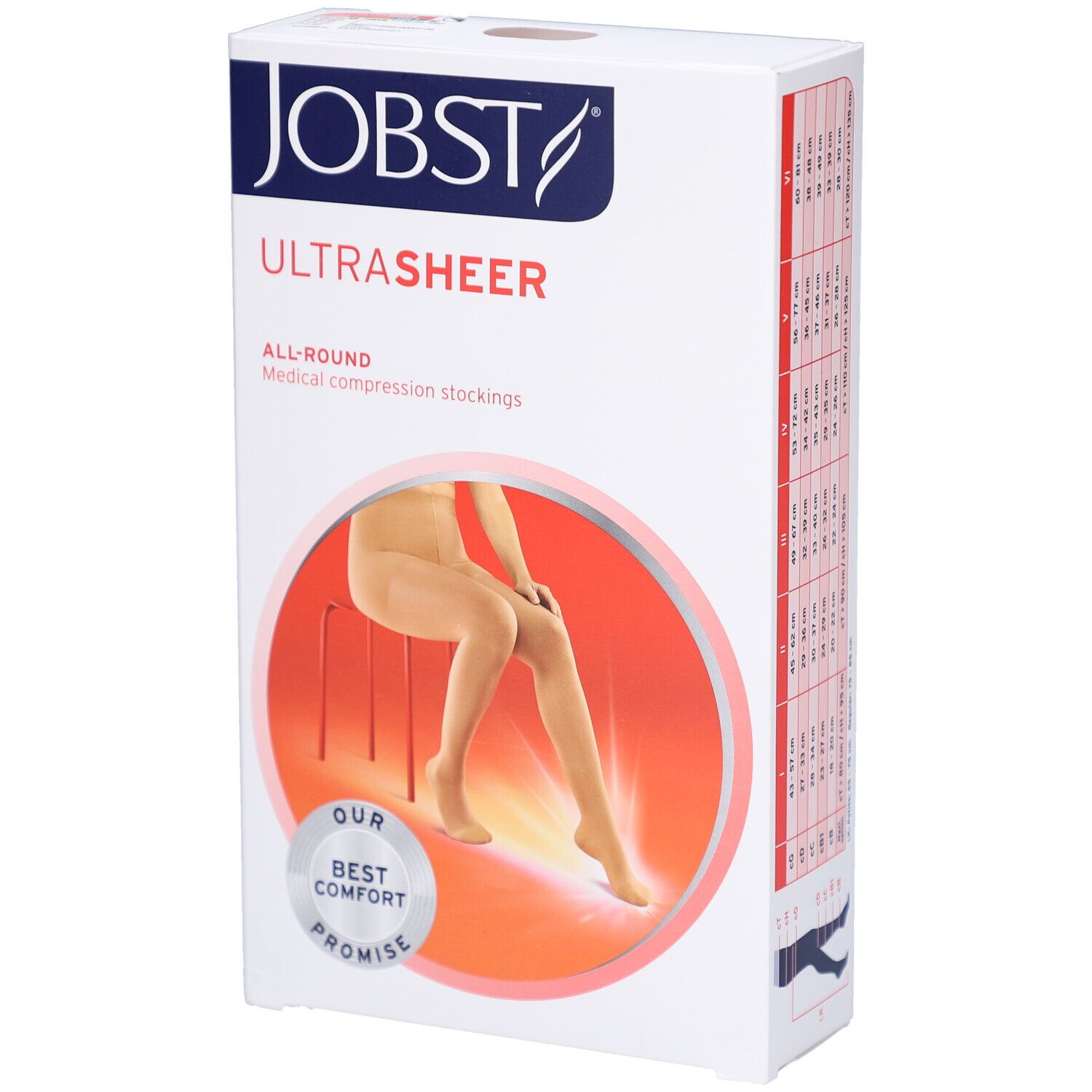 Emballage de bas de compression JOBST UltraSheer. Inscription : JOBST, UltraSheer, All-Round, bas de compression médicale. Illustration d'une femme.