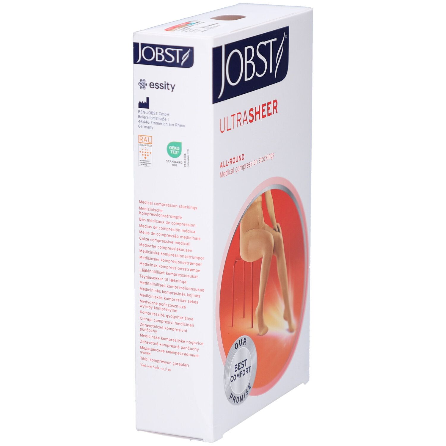 Emballage de bas de compression JOBST UltraSheer. Inscription : JOBST, UltraSheer, All-Round, bas de compression médicale. Avec texte et logo.
