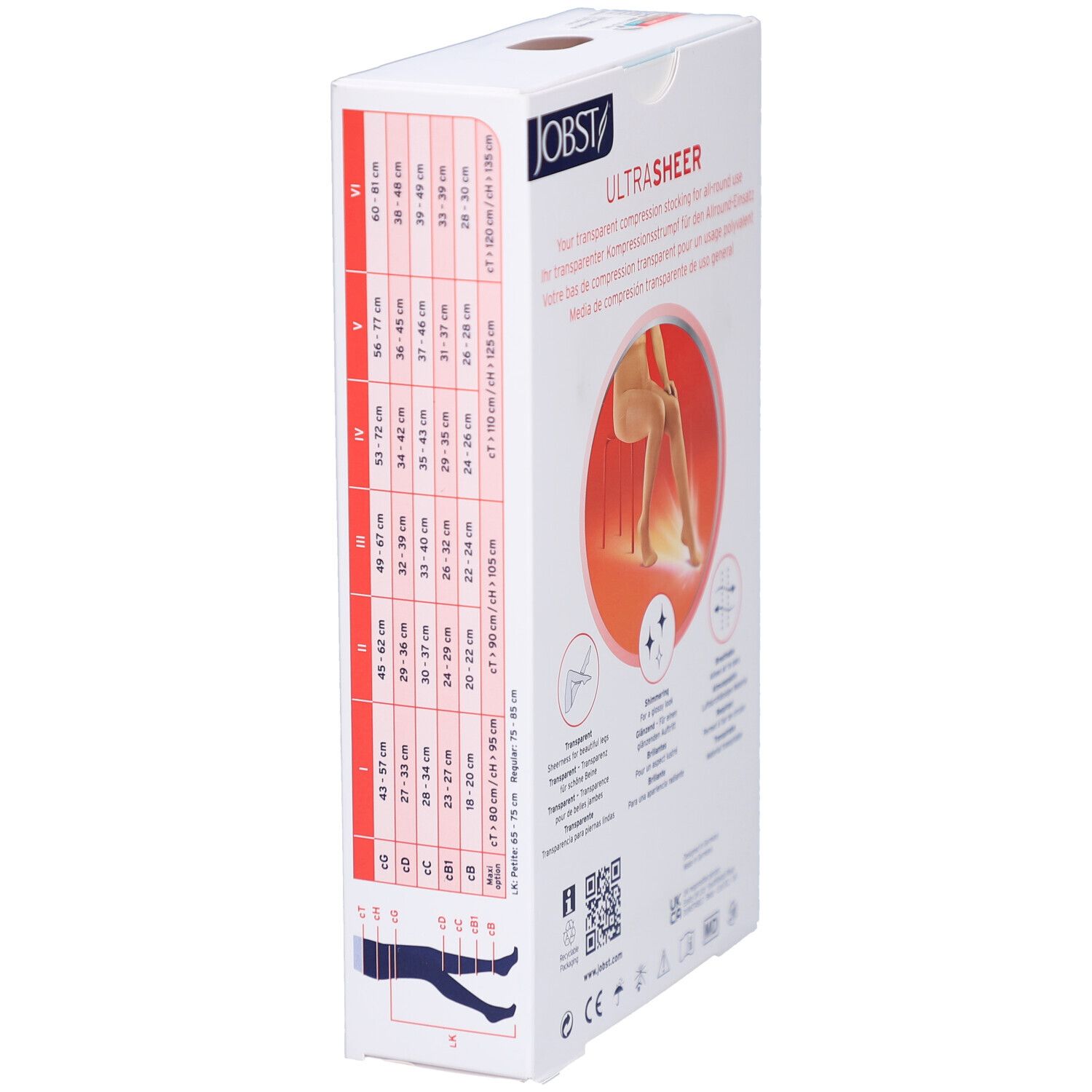 Côté de l'emballage des bas de compression JOBST UltraSheer. Tableau des tailles et informations. Logos et texte.