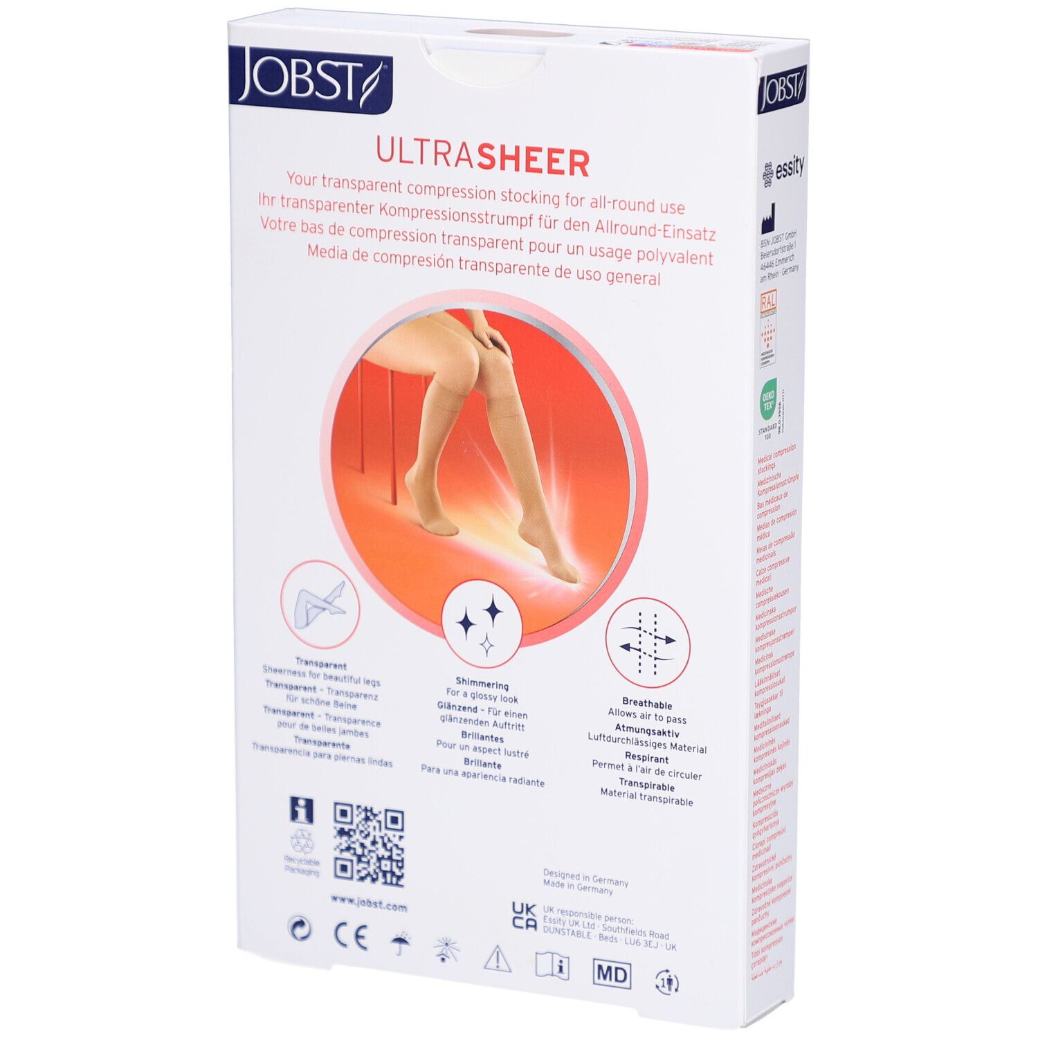 Dos de l'emballage JOBST UltraSheer bas de compression. Texte: UltraSheer, bas de compression transparents.