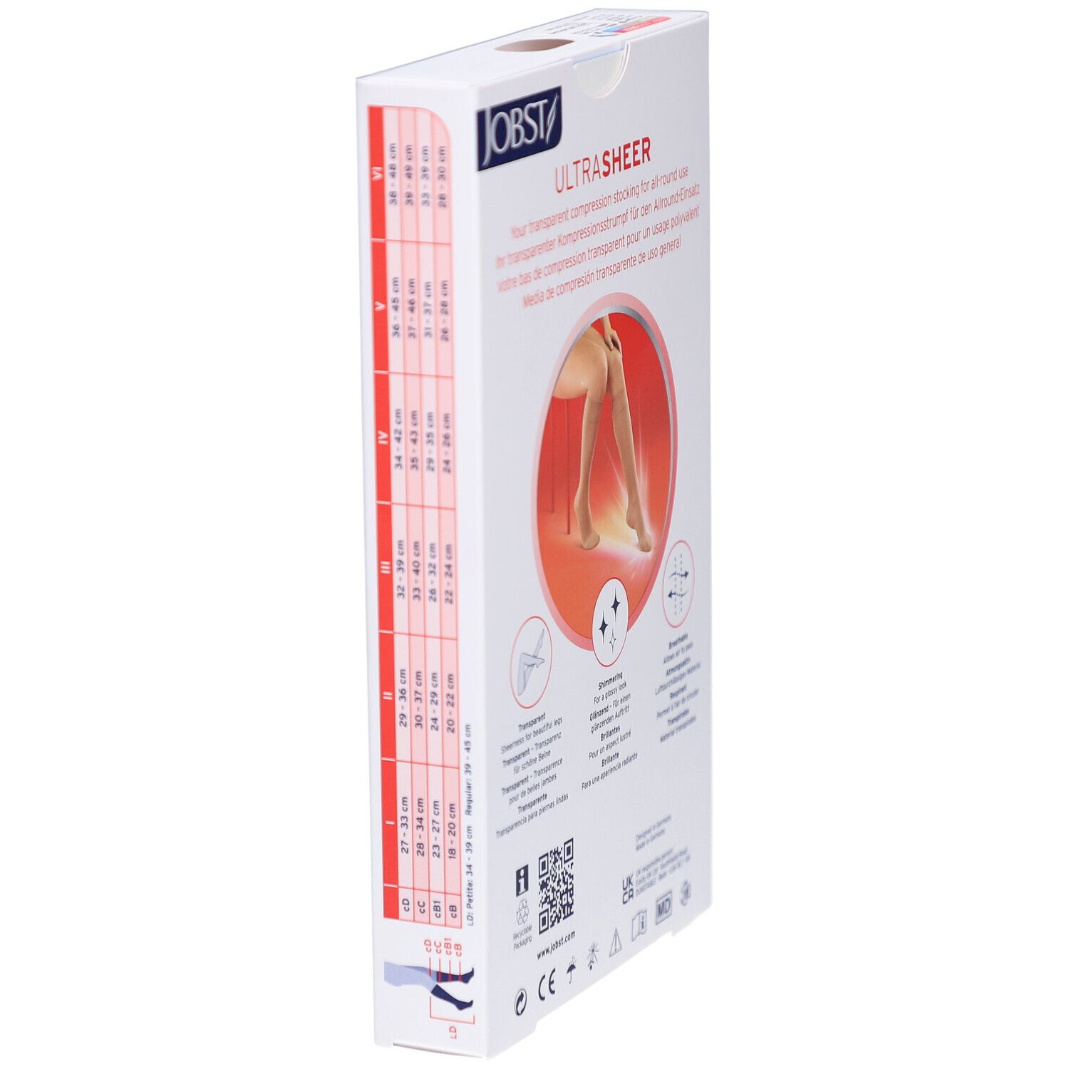 Zijkant van de verpakking van JOBST UltraSheer compressiekousen. Maatvoering en illustraties. Logo's en certificeringen.