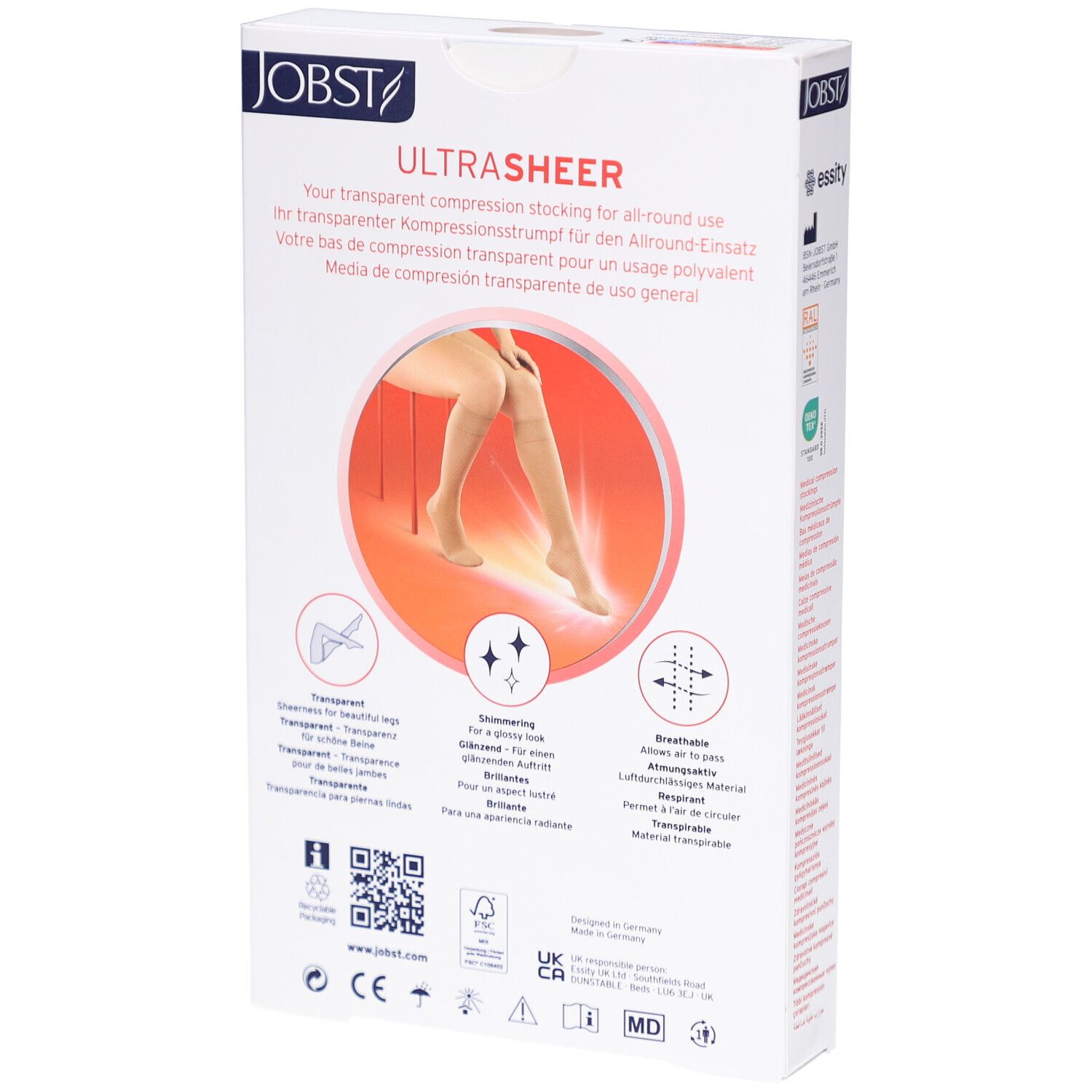 Dos de l'emballage JOBST UltraSheer. Texte et graphiques. Texte: ALL-ROUND.