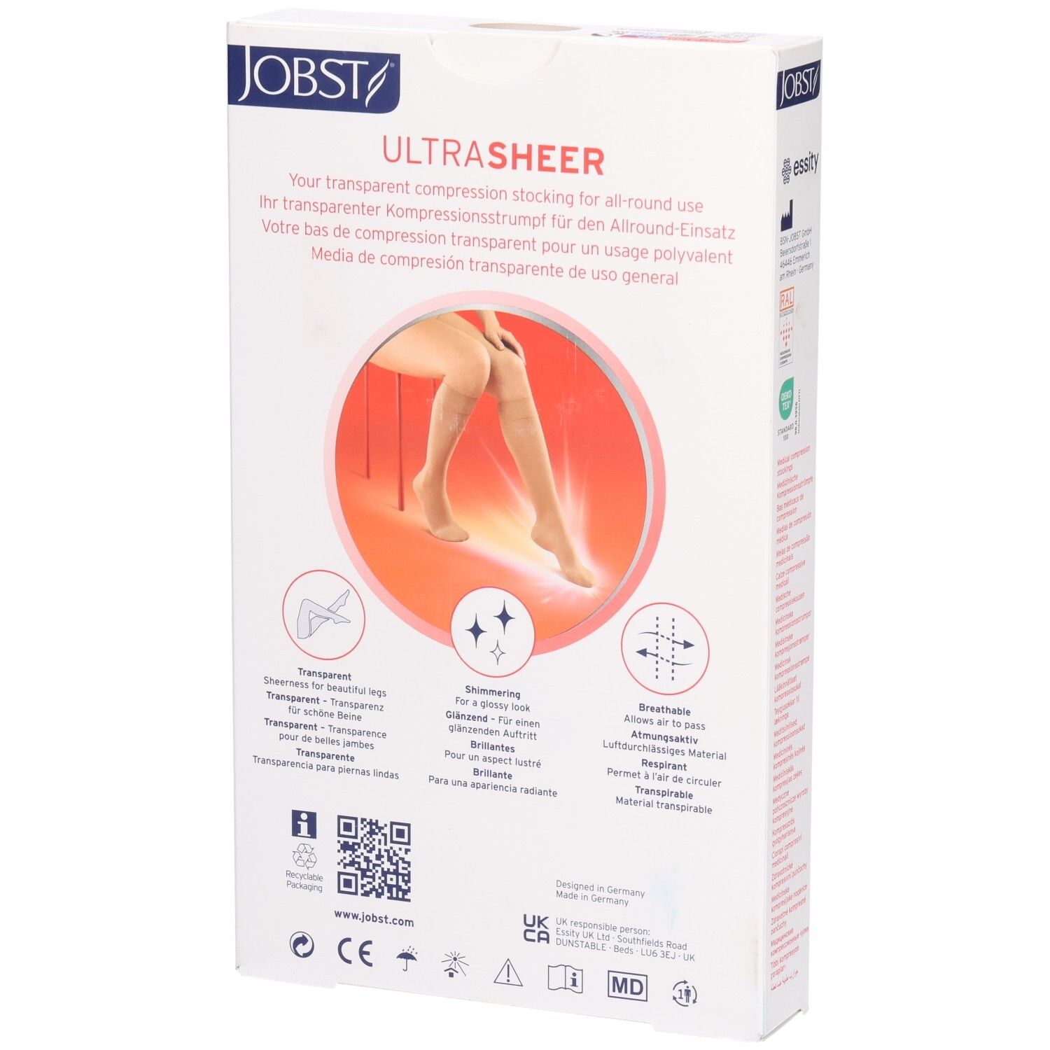 Dos de l'emballage des bas de compression JOBST UltraSheer. Texte multilingue. Illustrations des caractéristiques du produit.