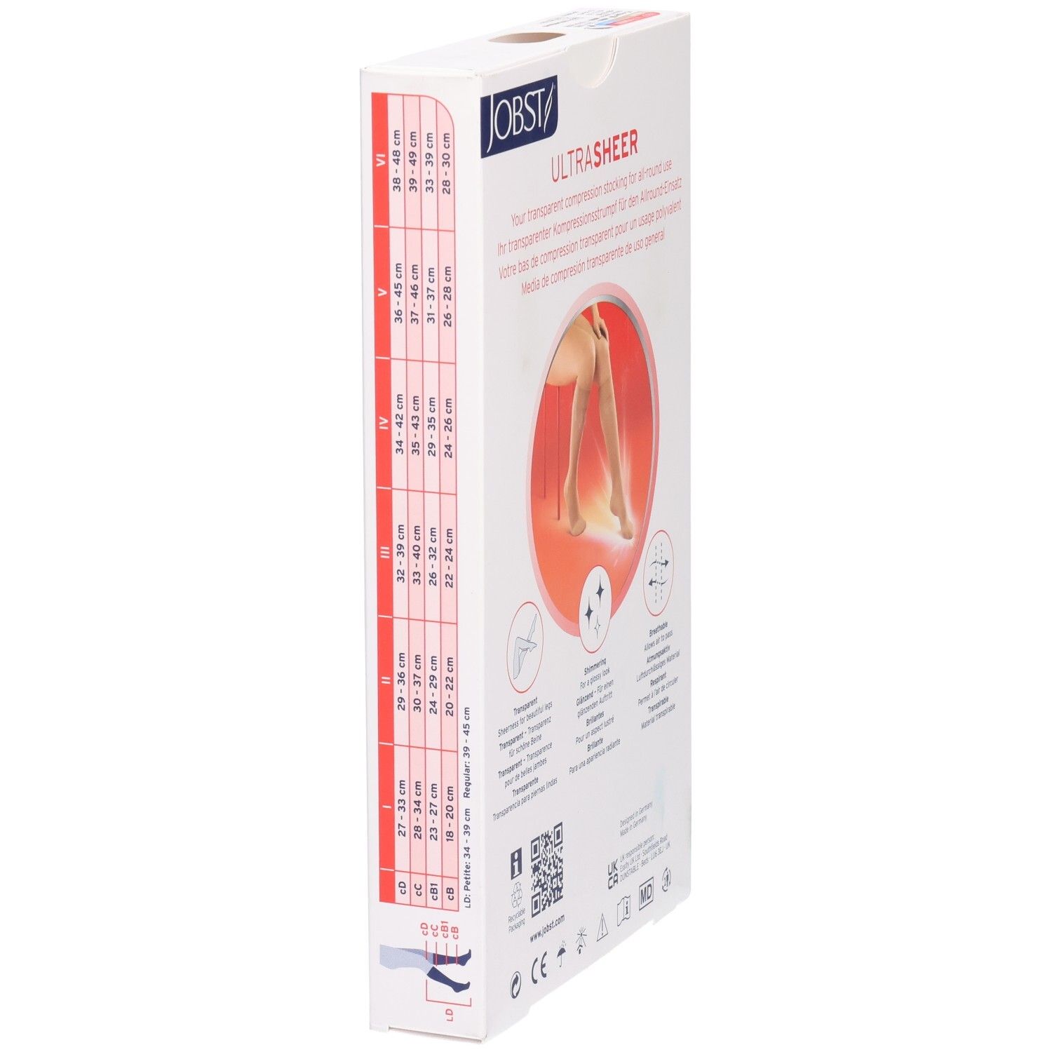 Côté de l'emballage des bas de compression JOBST UltraSheer. Tableau des tailles et pictogrammes. Nom du produit et logo.