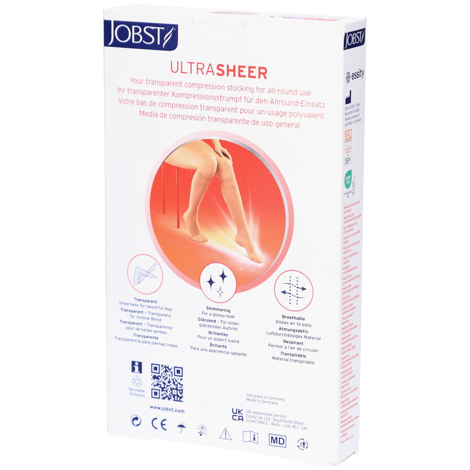 Dos de l'emballage JOBST UltraSheer bas de compression. Texte multilingue. Illustration: jambe avec bas.