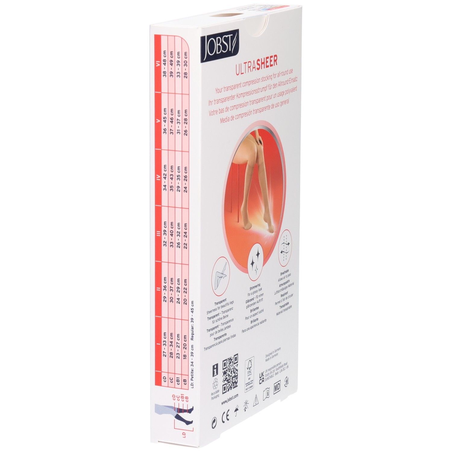 Côté de l'emballage des bas de compression JOBST UltraSheer. Informations sur les tailles et le produit. Logos et certifications.