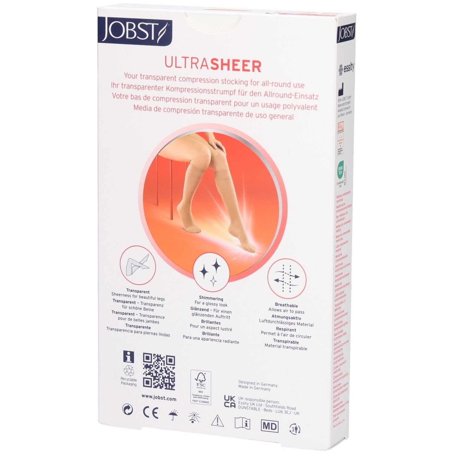 Achterkant van de verpakking met JOBST UltraSheer compressiekousen. Meertalige tekst. Illustraties van eigenschappen.