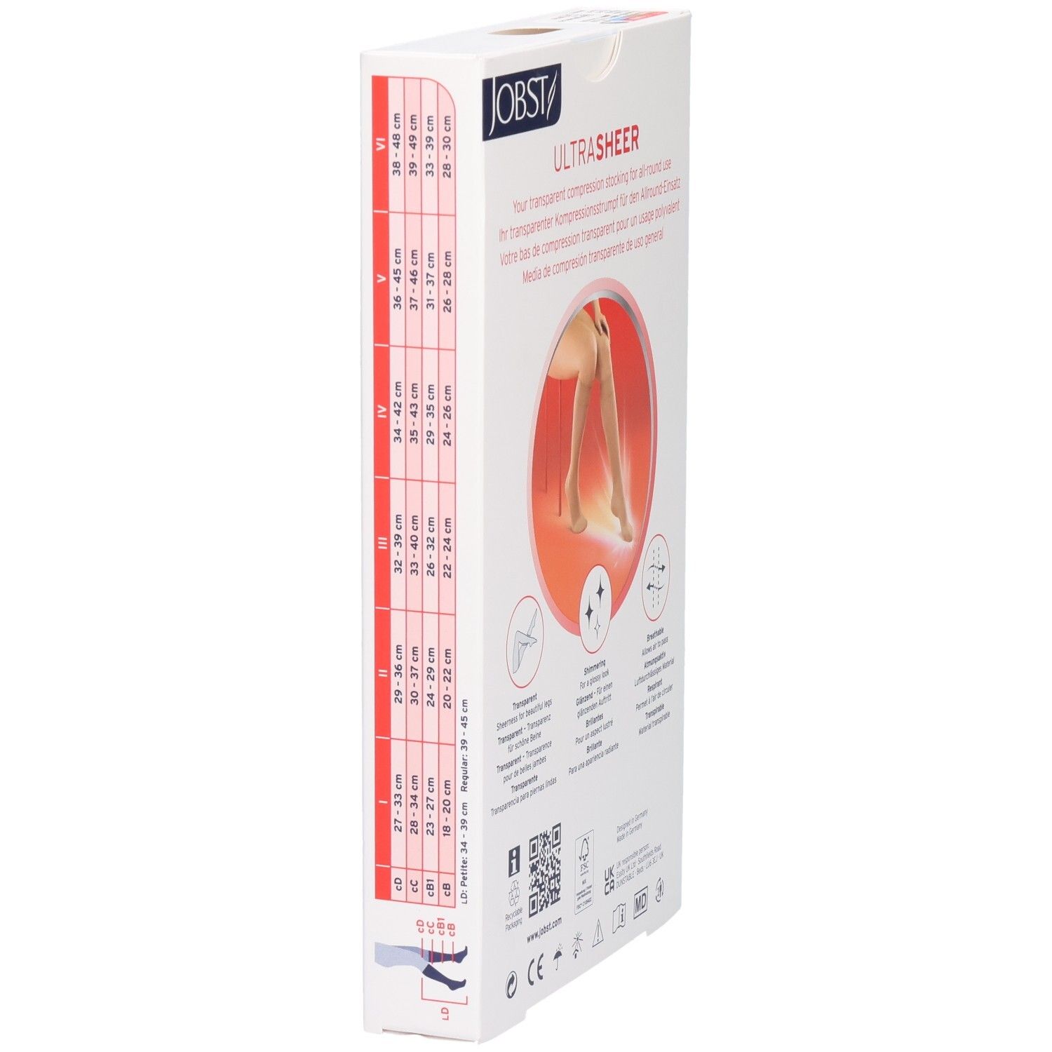 Zijkant van de verpakking met JOBST UltraSheer compressiekousen. Maattabel en productinformatie. Illustratie van een been.