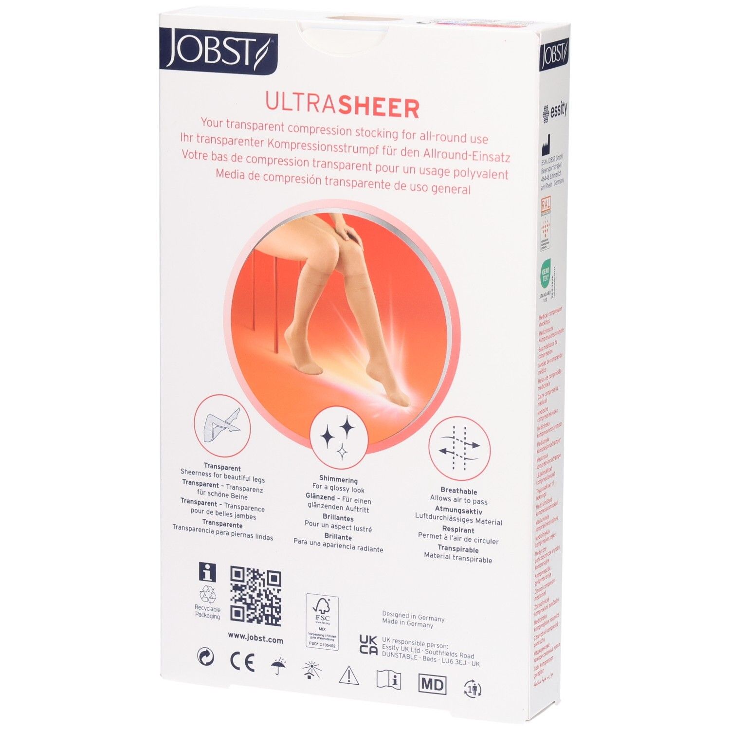 Bas de compression JOBST UltraSheer : arrière de la boîte avec caractéristiques produit et code QR.