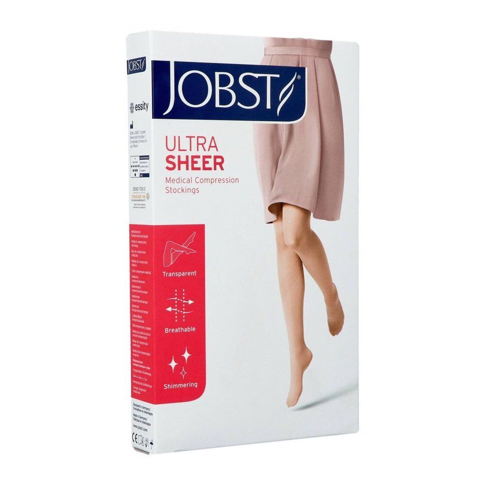 Verpakking JOBST UltraSheer medische compressiekousen: transparant, ademend, glinsterend.