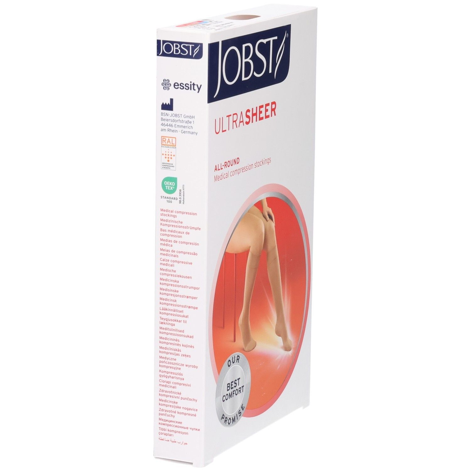 Verpakking JOBST UltraSheer compressiekousen. Logo, tekst: UltraSheer, ALL-ROUND. Certificeringen en logo's.