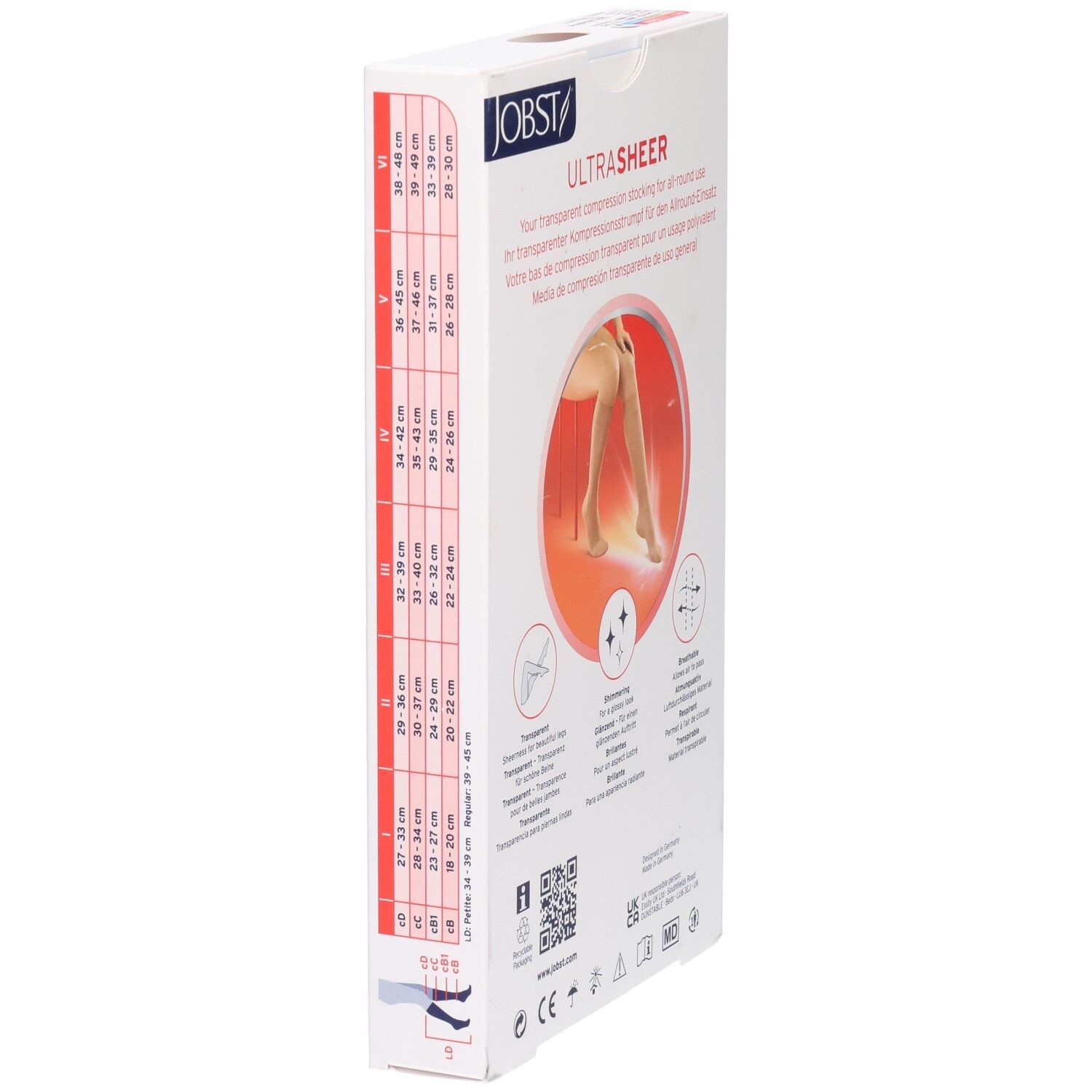 Zijkant verpakking JOBST UltraSheer compressiekousen. Maattabel en pictogrammen. QR-code.