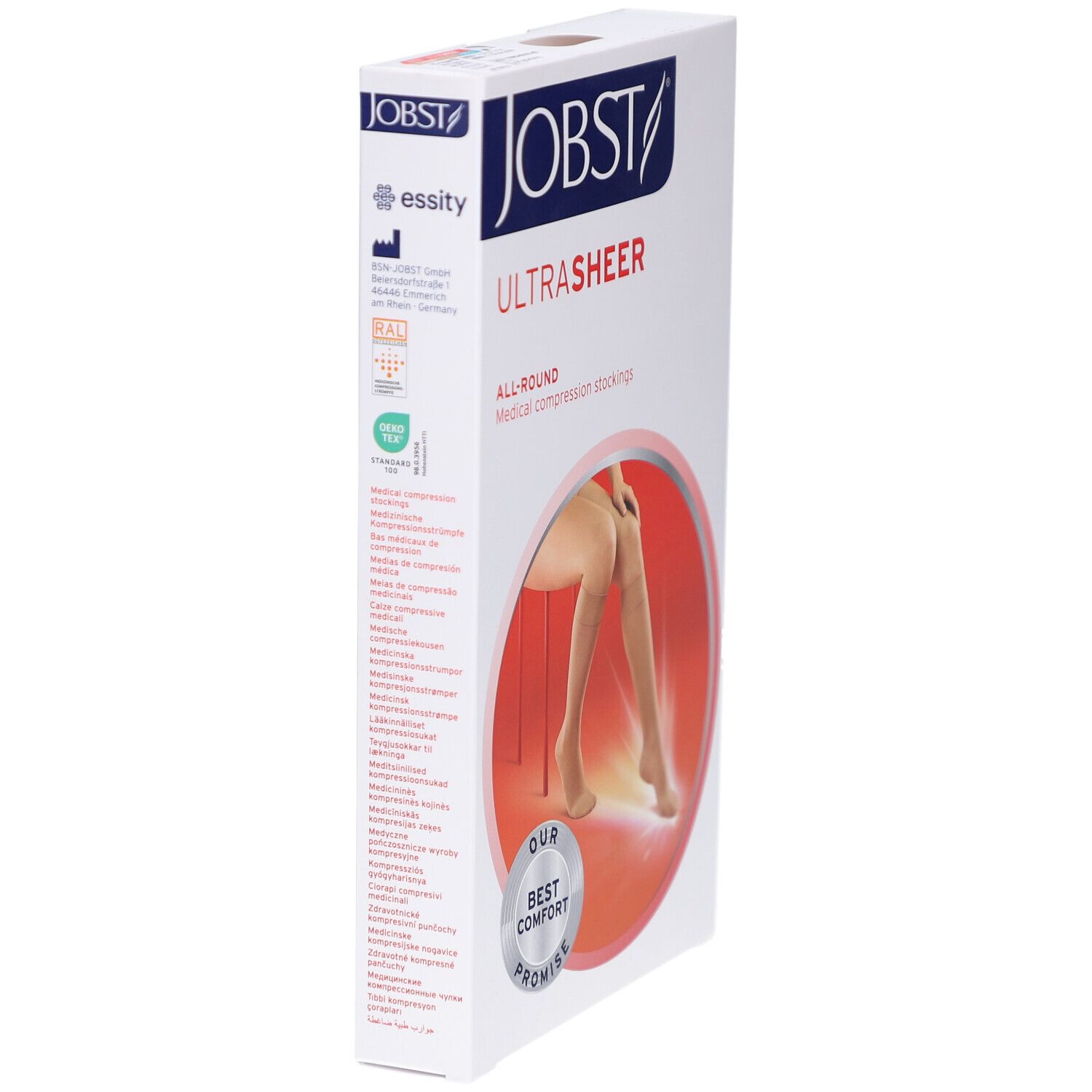 JOBST UltraSheer compressiekousen. Verpakking met logo, productnaam en afbeelding. Extra informatie en certificeringen.