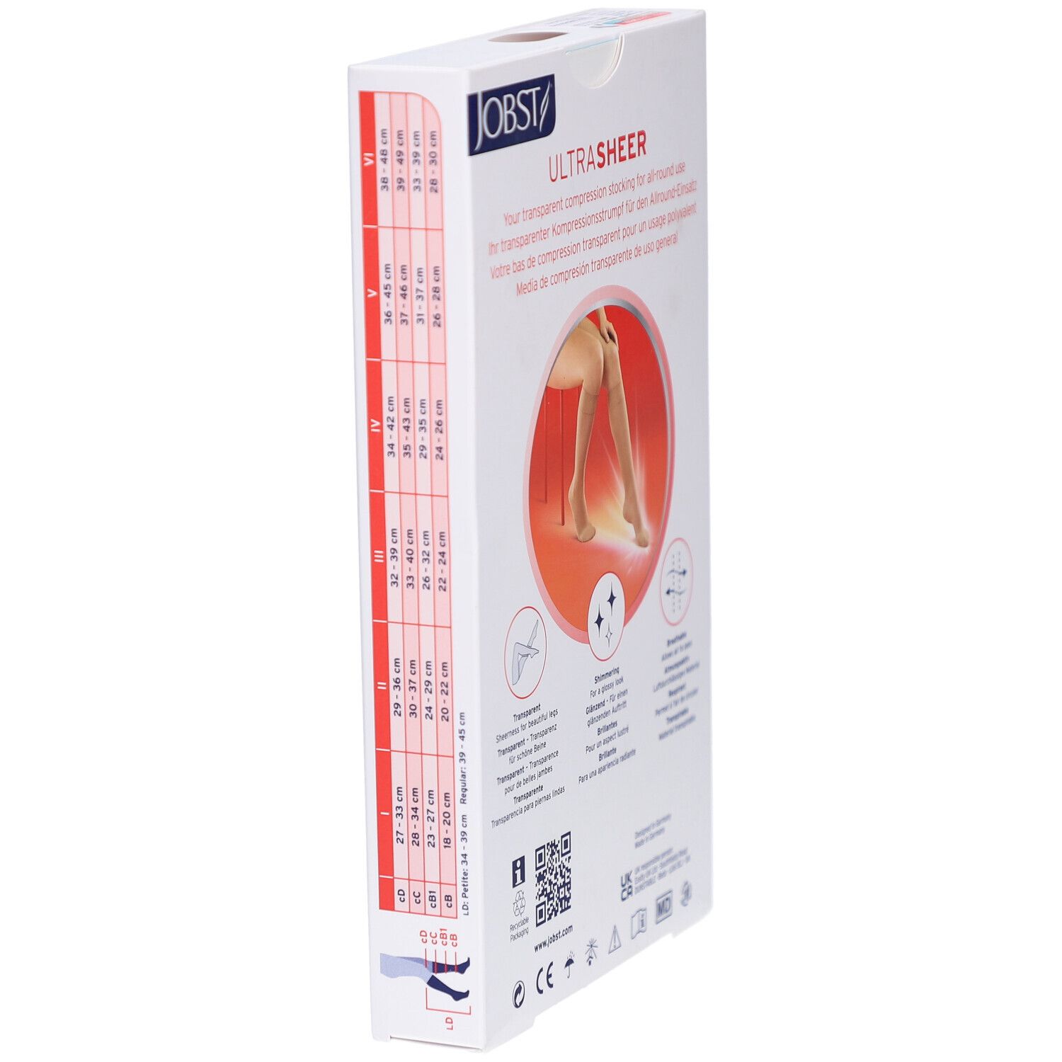 Zijkant van de JOBST UltraSheer verpakking. Maatinformatie en illustraties. Logo's en productnaam. QR-code en certificeringen.