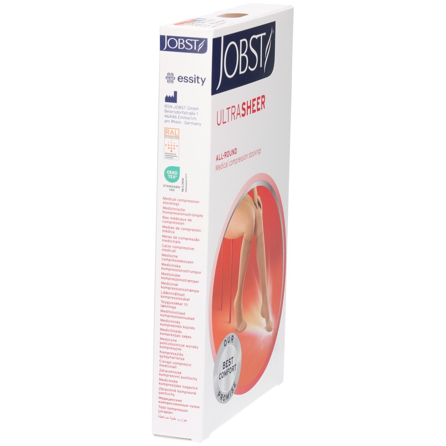 Emballage pour bas de contention Jobst Ultrasheer, avec illustration d'une jambe.