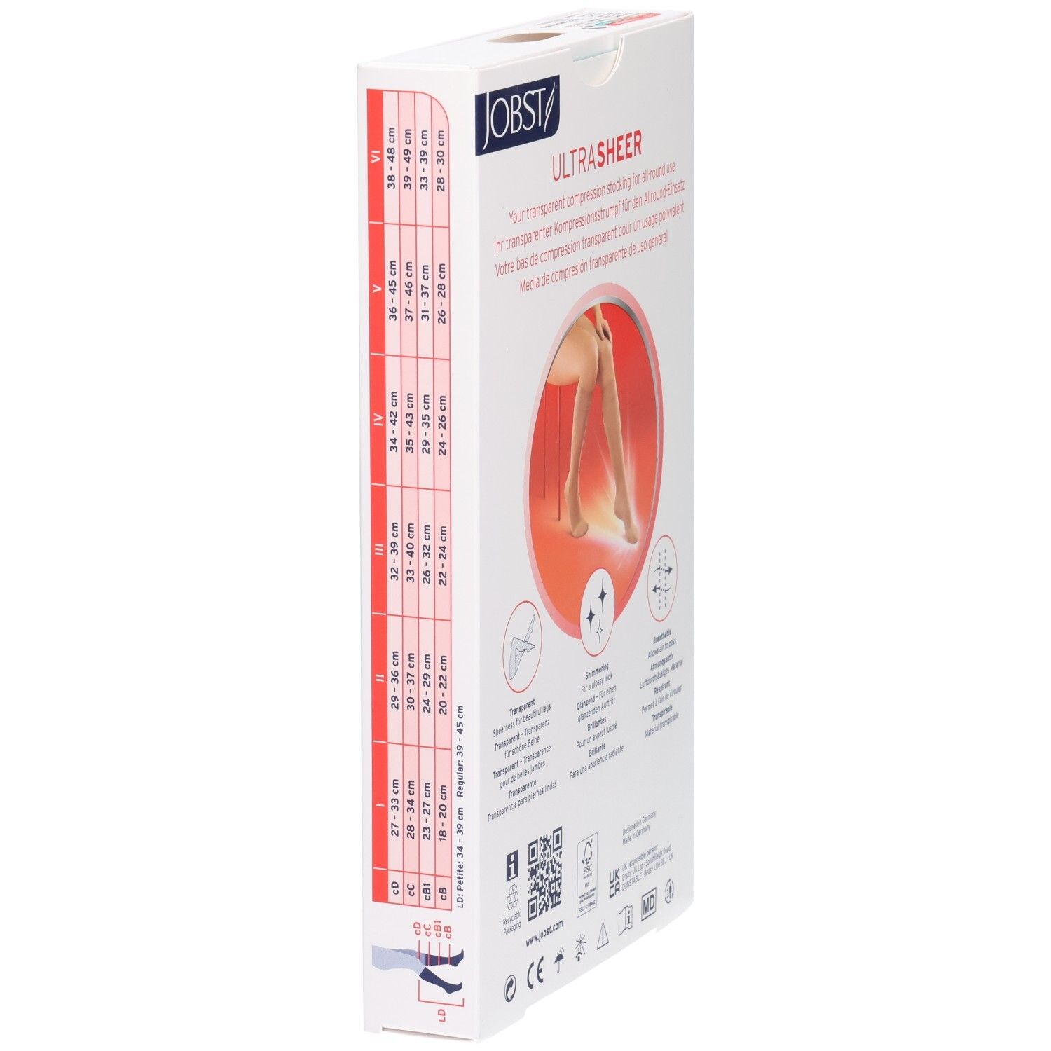 Emballage de bas de contention Jobst Ultrasheer avec tableau des tailles et illustration de jambe.