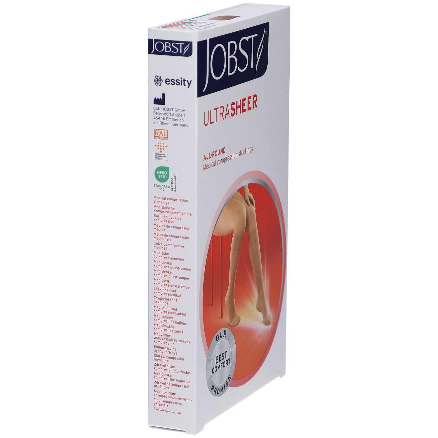 Verpakking van JOBST Ultrasheer kniekousen. Opschrift: merk, productnaam, beschrijving, certificeringen, afbeelding van been.