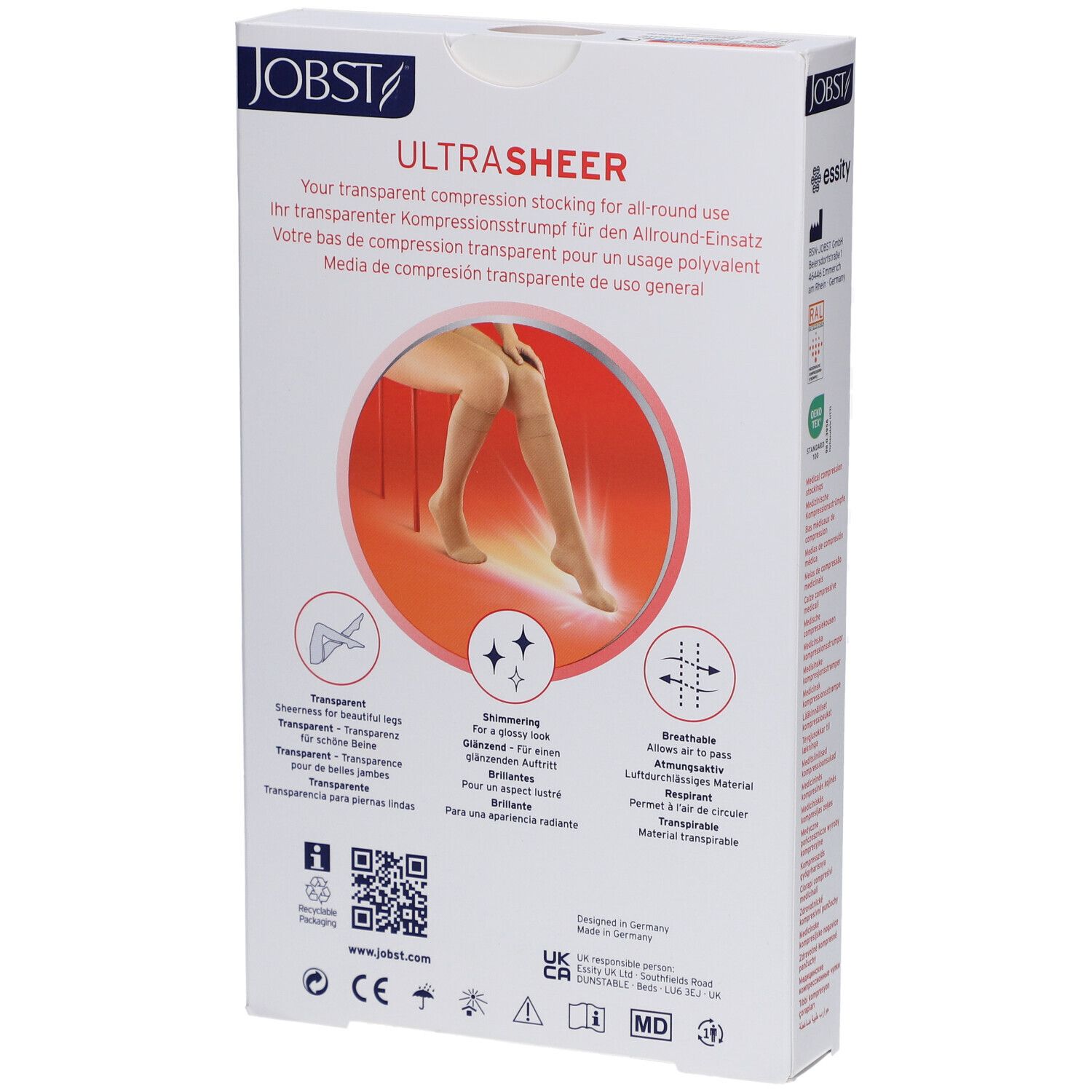 Achterkant van de verpakking van JOBST Ultrasheer kniekousen. Tekst: productbeschrijving, transparante eigenschappen, QR-code, certificeringen.