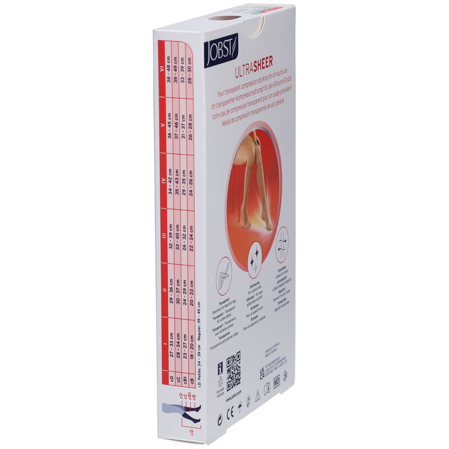 Zijkant van de verpakking van JOBST Ultrasheer kniekousen. Maatvoering, productafbeelding, certificeringen, QR-code.