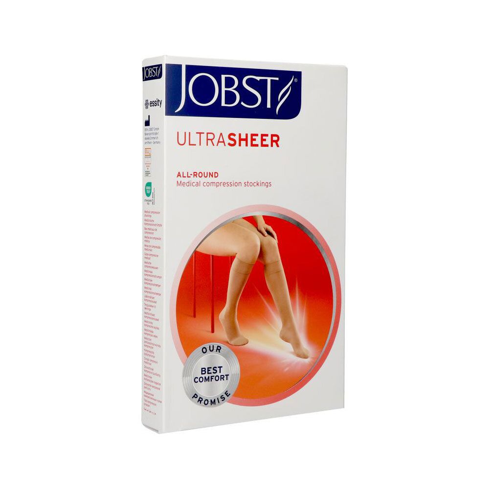 Emballage bas de contention médicale JOBST UltraSheer, avec sceau 'Best Comfort Promise'.
