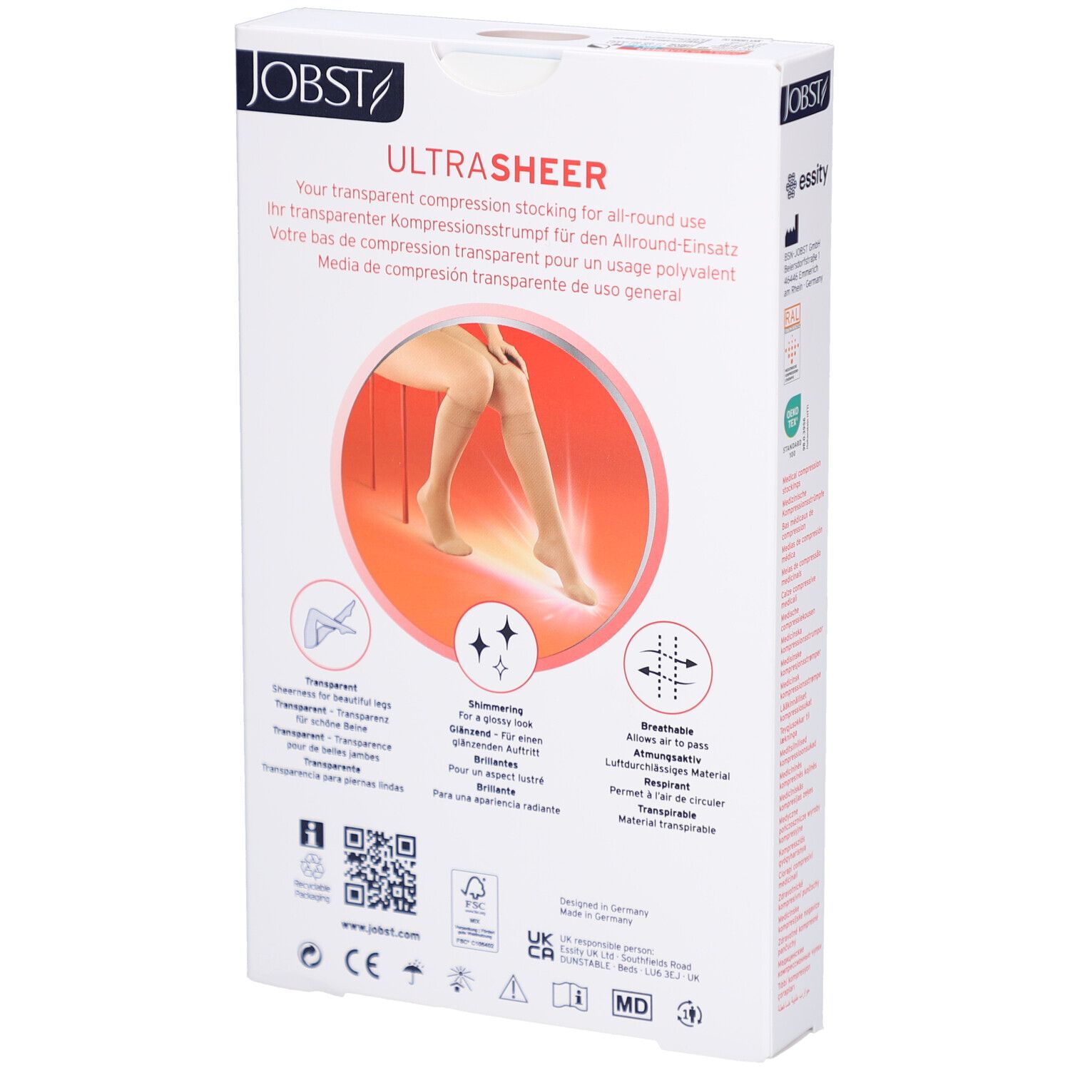 Dos de l'emballage JOBST UltraSheer. Texte: Your transparent compression stocking for all-round use. Illustrations et logos.