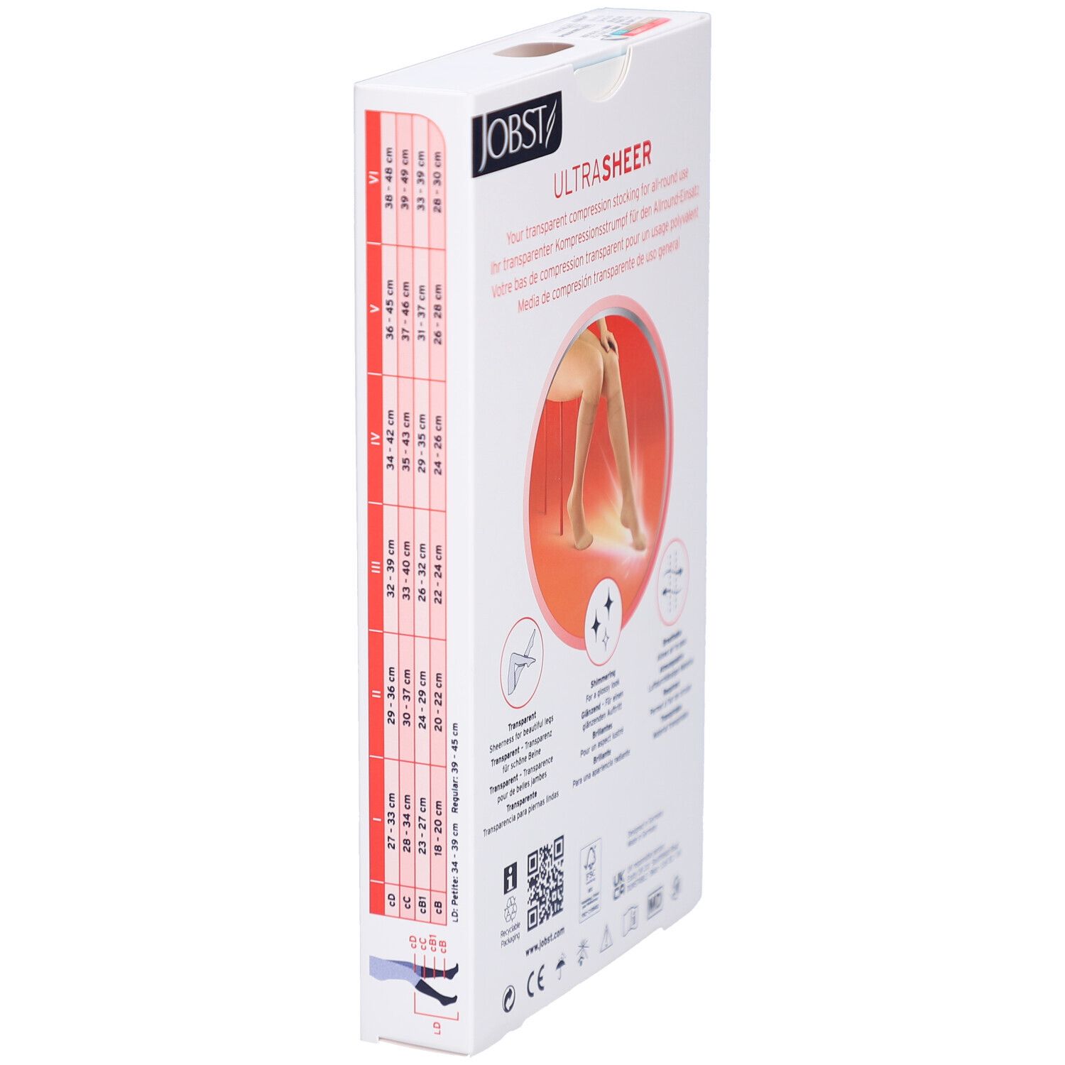 JOBST UltraSheer emballage, vue latérale. Indications de taille et illustrations. Inscription: UltraSheer, ALL-ROUND Medical compression stockings.