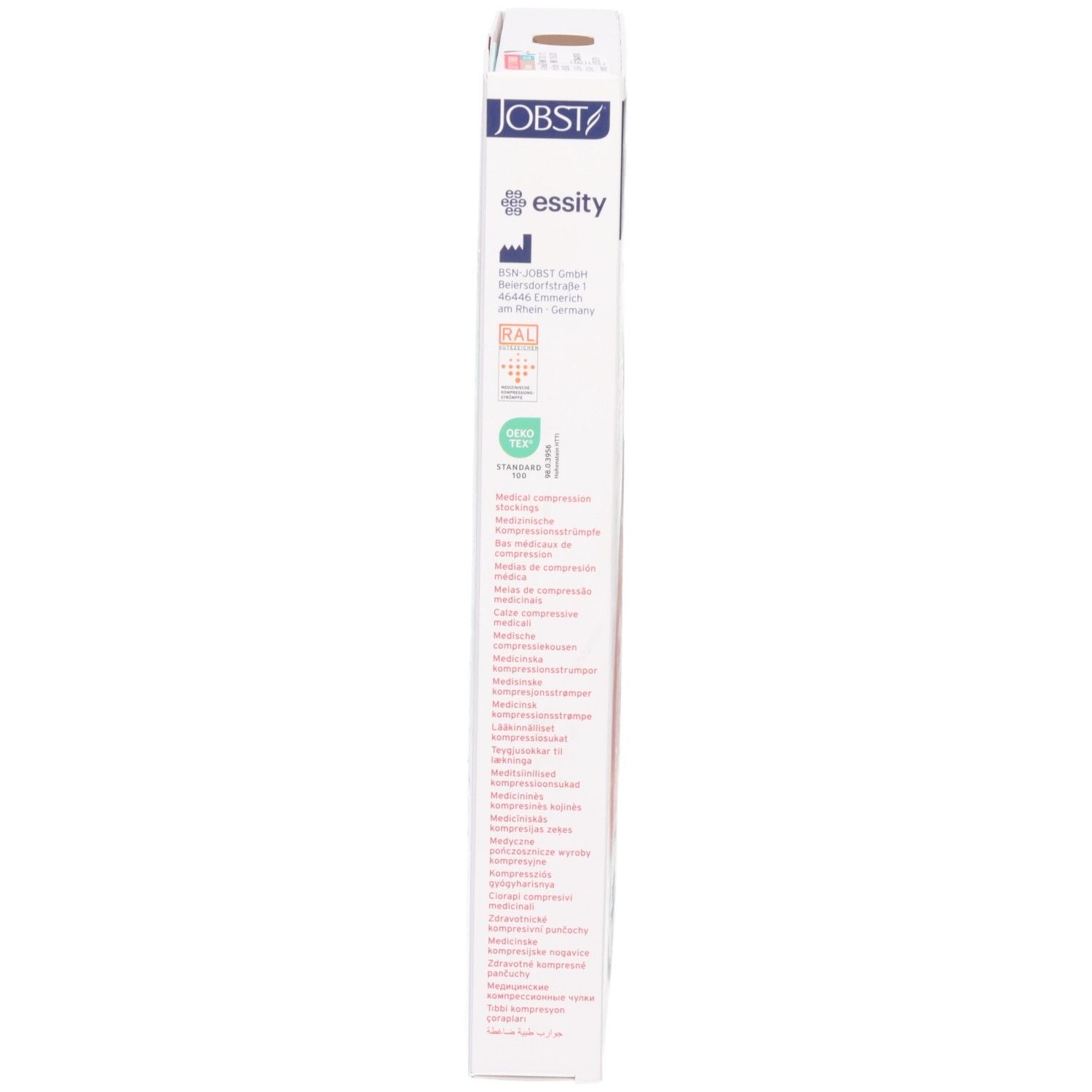 Côté de l'emballage JOBST UltraSheer. Texte: JOBST, essity, informations produit, tailles, certifications.