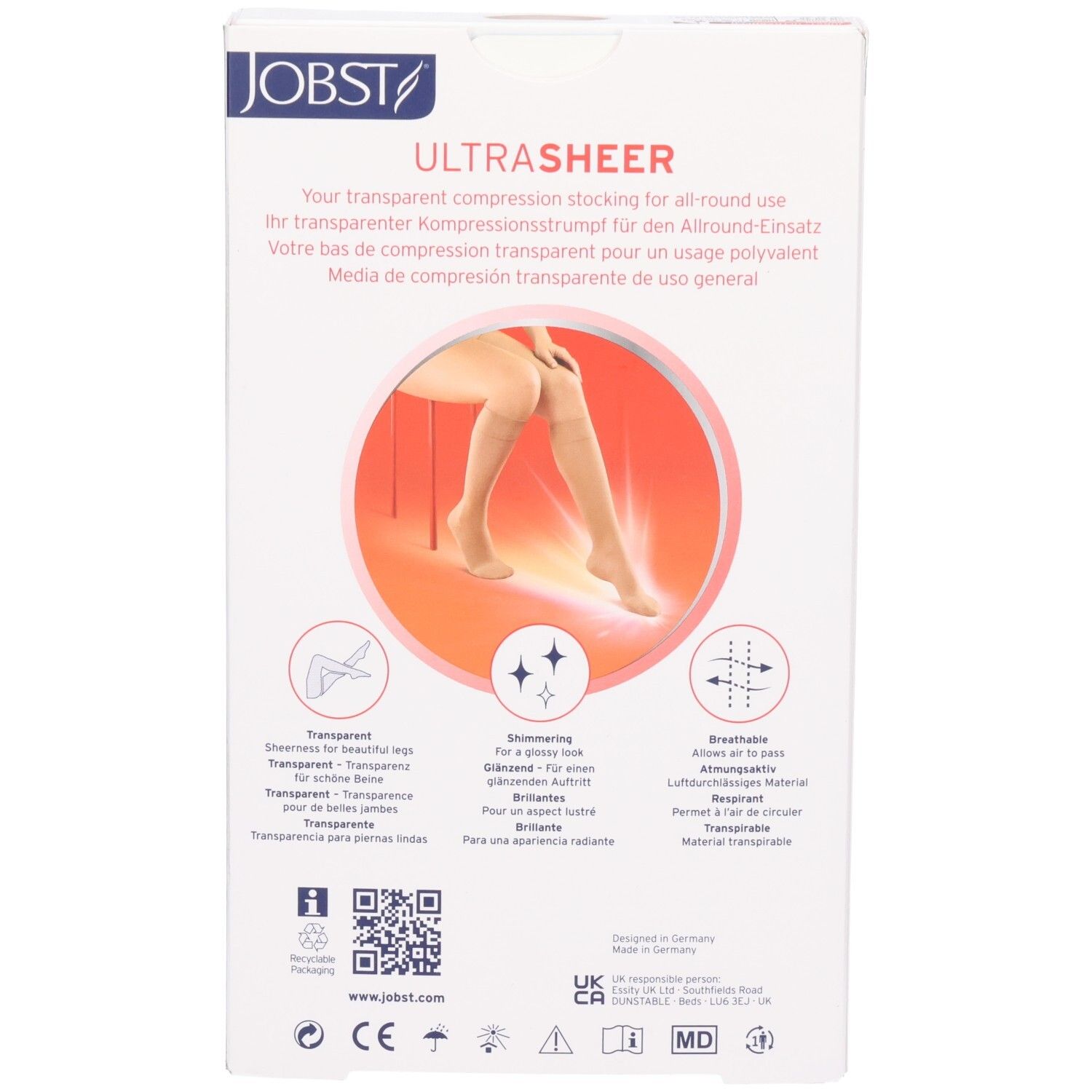 Dos de l'emballage JOBST UltraSheer. Texte: UltraSheer, bas de compression transparents, caractéristiques, logos.
