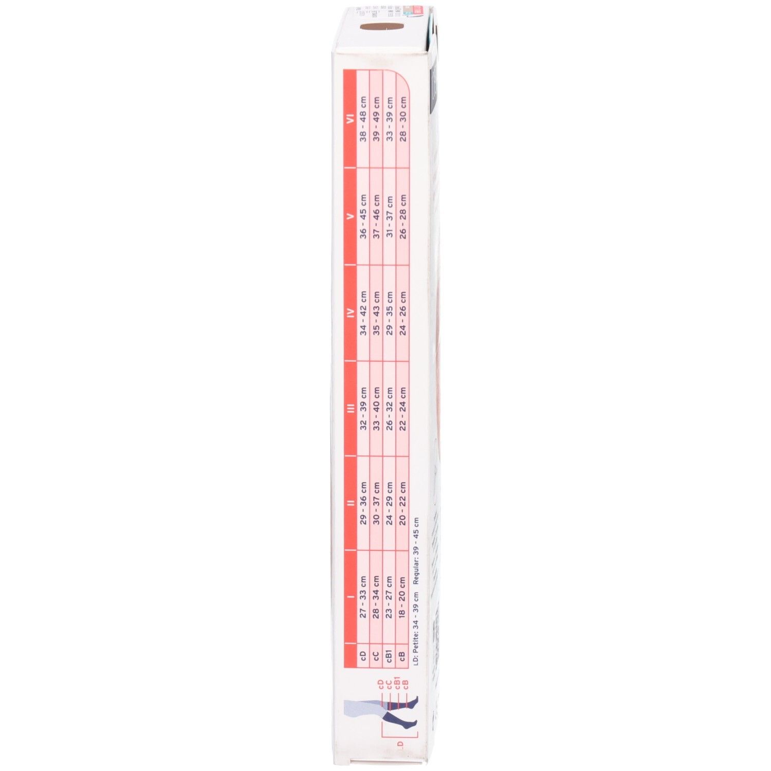 Côté de l'emballage JOBST UltraSheer. Tableau des tailles pour bas de compression. Texte: Tailles, mesures.
