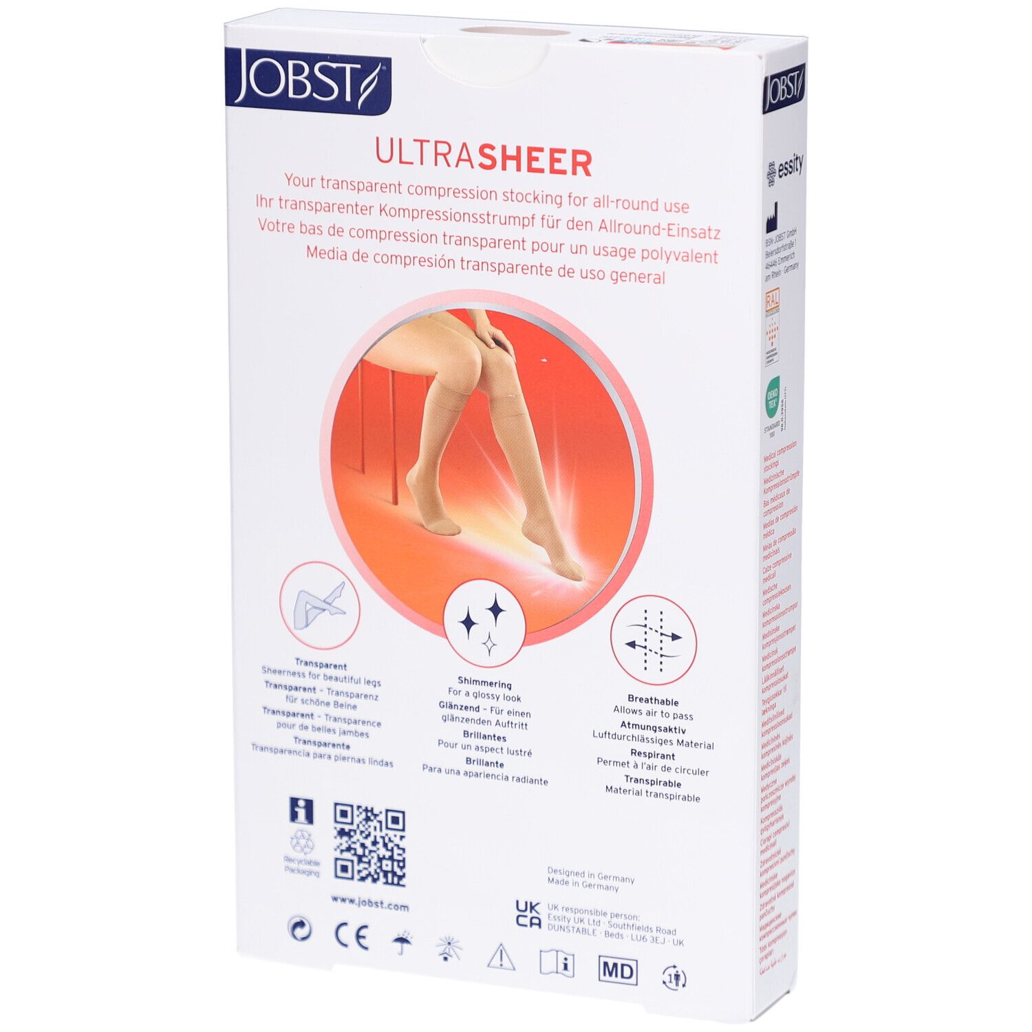 Achterkant verpakking JOBST UltraSheer compressiekousen. Productkenmerken, logo's en QR-code.