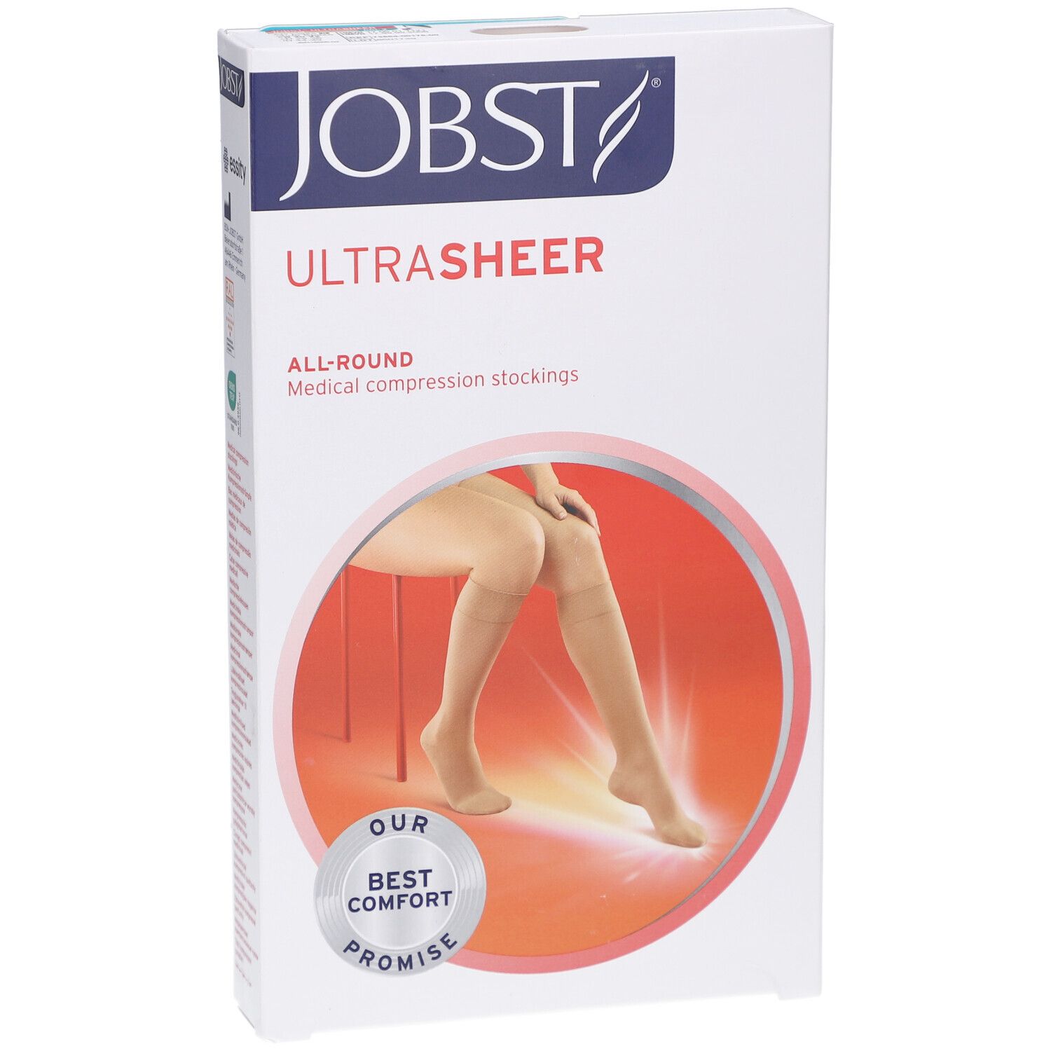 Verpakking JOBST UltraSheer compressiekousen. Beige kousen op rode achtergrond. Logo en productnaam zichtbaar.