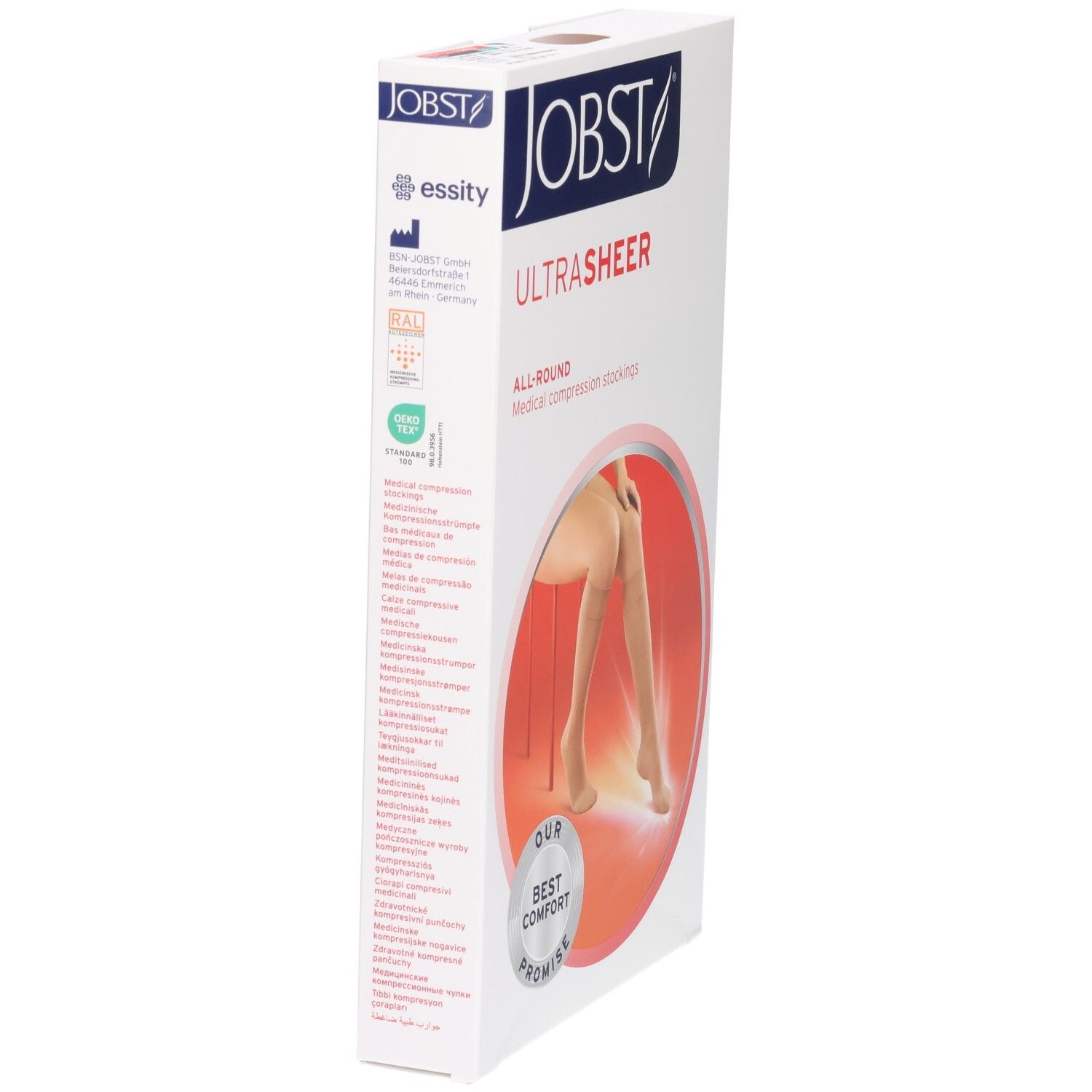 Bas de contention JOBST UltraSheer : vue latérale de l'emballage avec informations produit et logos.
