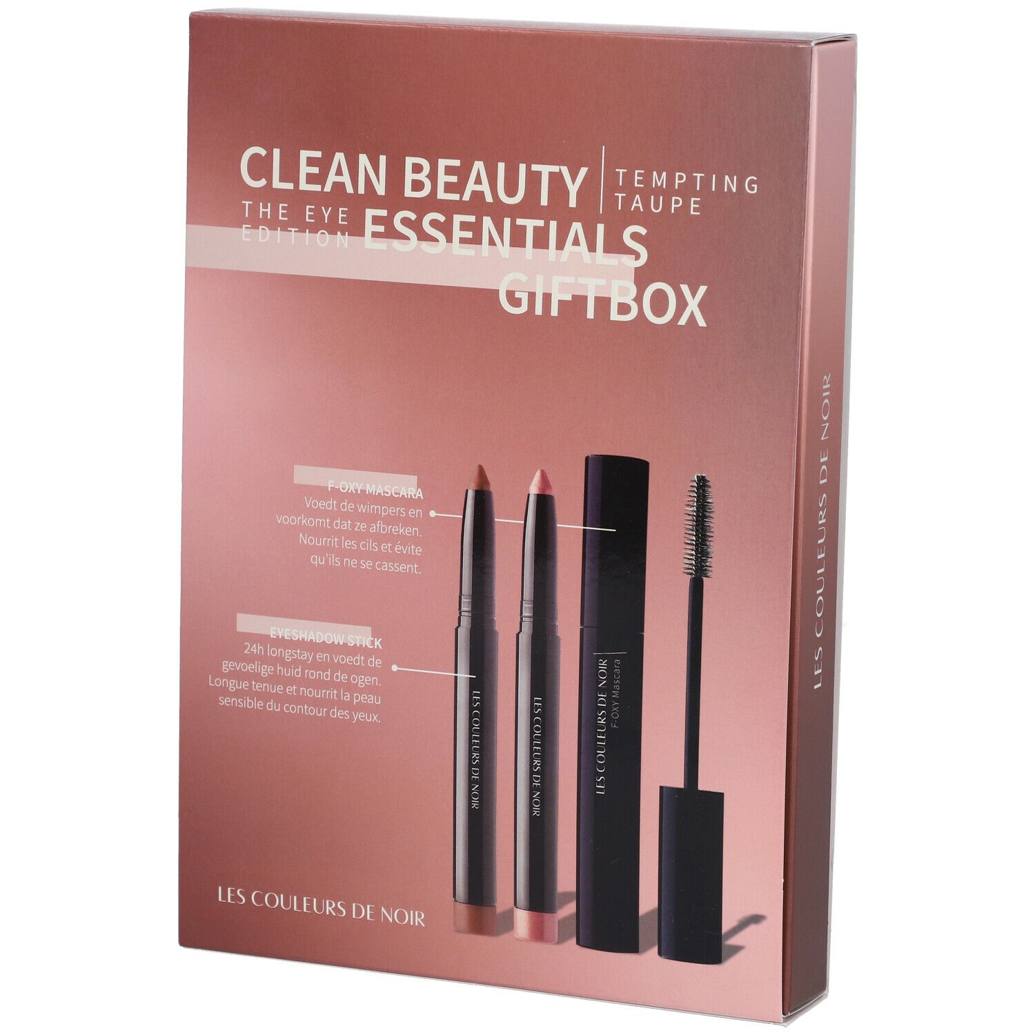Geschenkdoos met cosmetica. Bevat mascara, oogpotlood en lippenstift. Opschrift: LES COULEURS DE NOIR Essentials Giftbox.